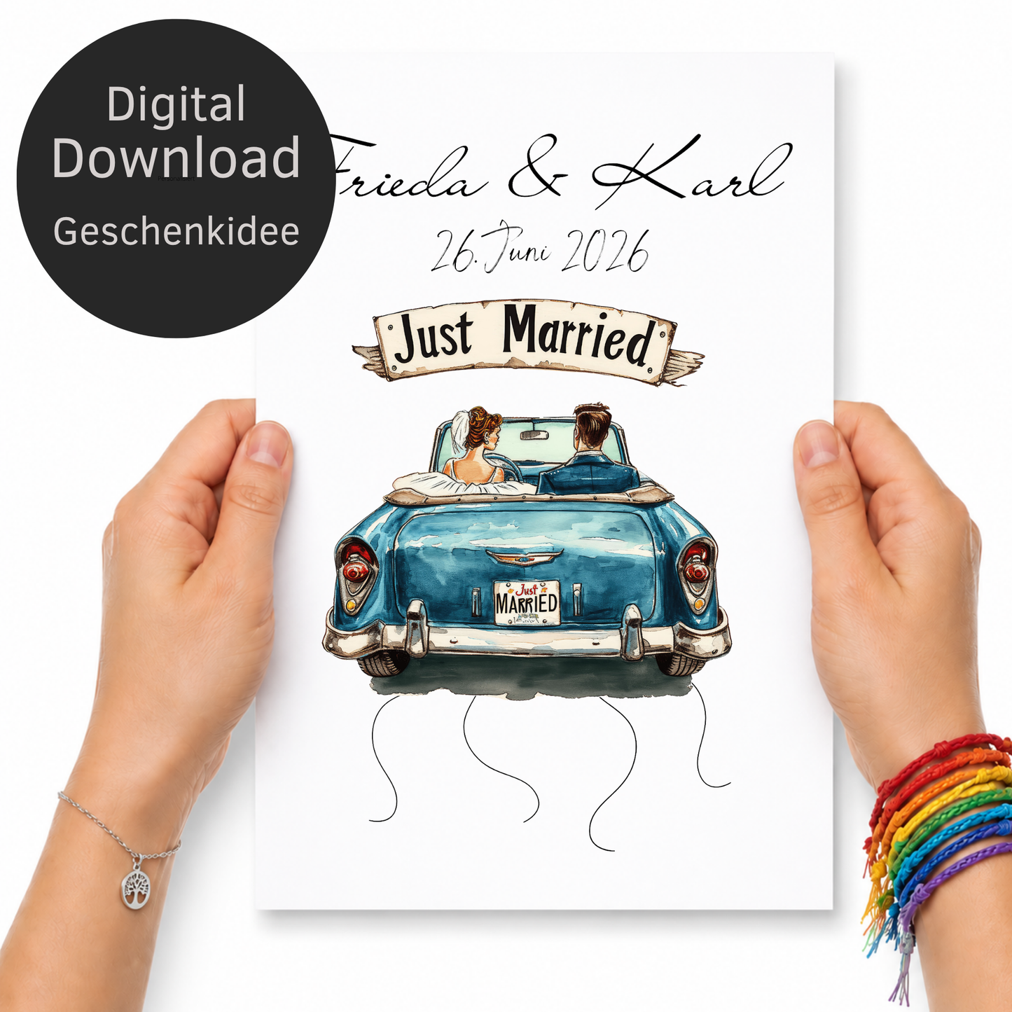 Personalisiertes Geldgeschenk zur Hochzeit mit Brautpaar im blauen Oldtimer Cabrio, Just Married Schild, Namen und Datum als DIN A4 Poster zum Ausdrucken