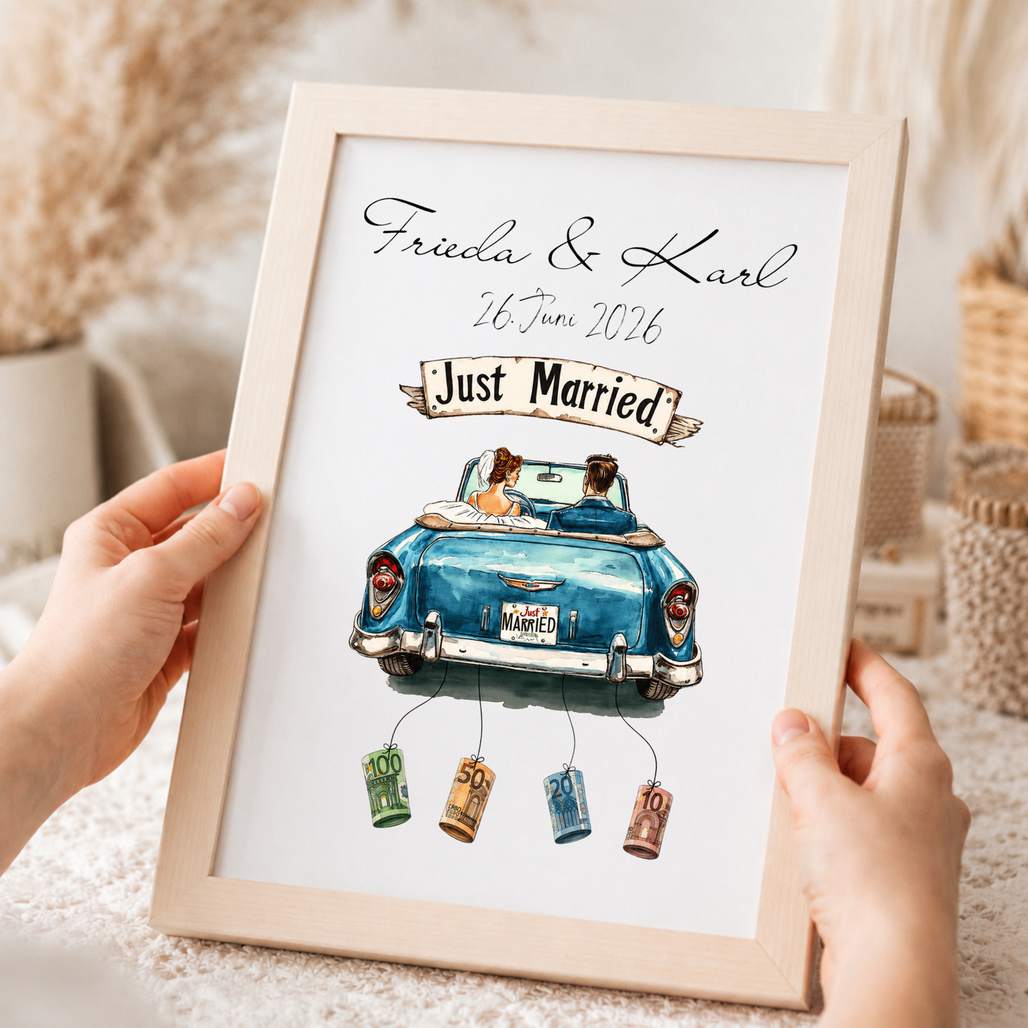 Personalisiertes Geldgeschenk zur Hochzeit mit Brautpaar im blauen Oldtimer Cabrio, Just Married Schild, Namen und Datum als DIN A4 Poster zum Ausdrucken