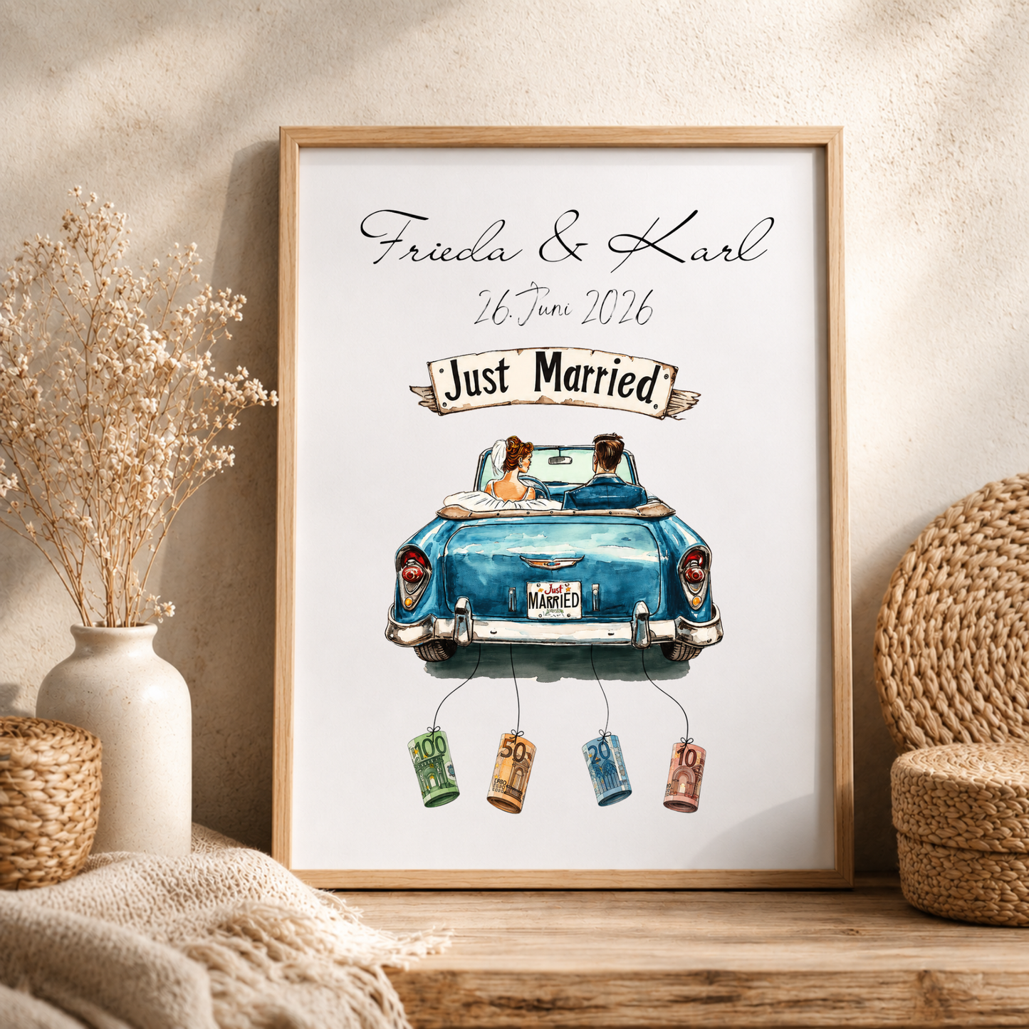 Personalisiertes Geldgeschenk zur Hochzeit mit Brautpaar im blauen Oldtimer Cabrio, Just Married Schild, Namen und Datum als DIN A4 Poster zum Ausdrucken