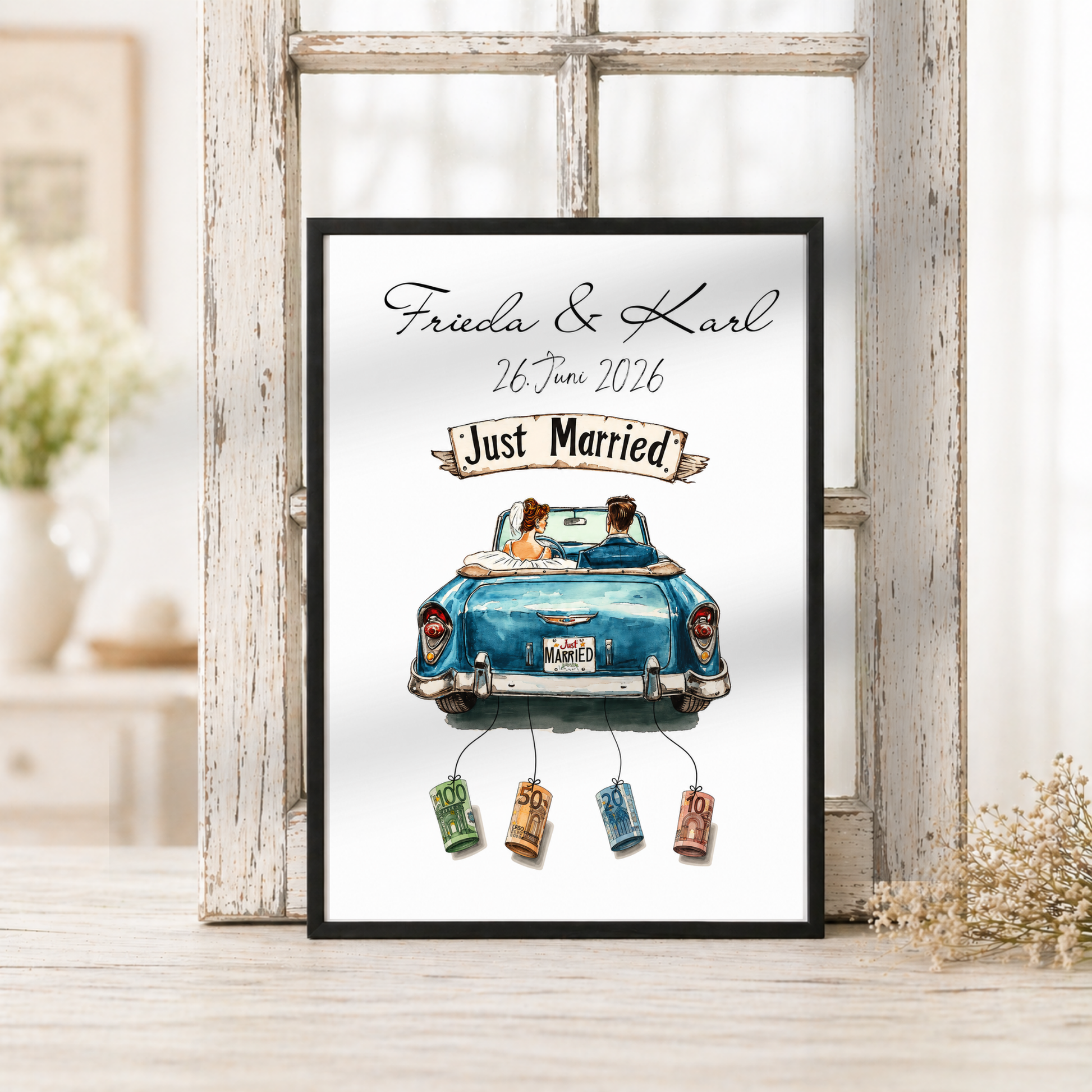 Personalisiertes Geldgeschenk zur Hochzeit mit Brautpaar im blauen Oldtimer Cabrio, Just Married Schild, Namen und Datum als DIN A4 Poster zum Ausdrucken