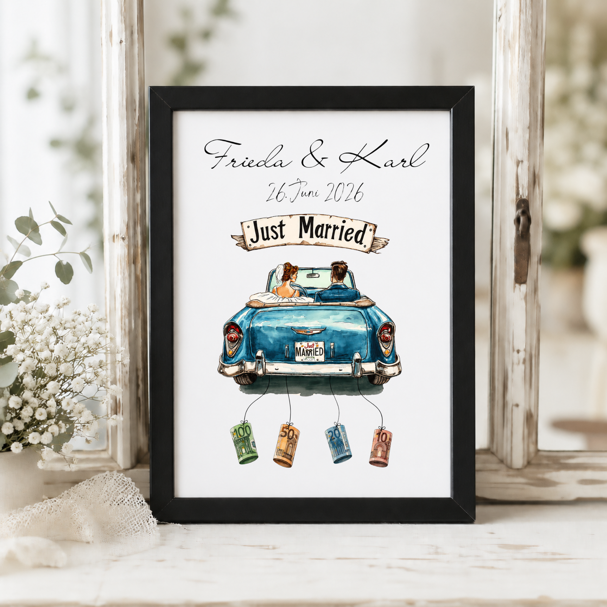 Personalisiertes Geldgeschenk zur Hochzeit mit Brautpaar im blauen Oldtimer Cabrio, Just Married Schild, Namen und Datum als DIN A4 Poster zum Ausdrucken