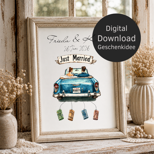 Personalisiertes Geldgeschenk zur Hochzeit mit Brautpaar im blauen Oldtimer Cabrio, Just Married Schild, Namen und Datum als DIN A4 Poster zum Ausdrucken