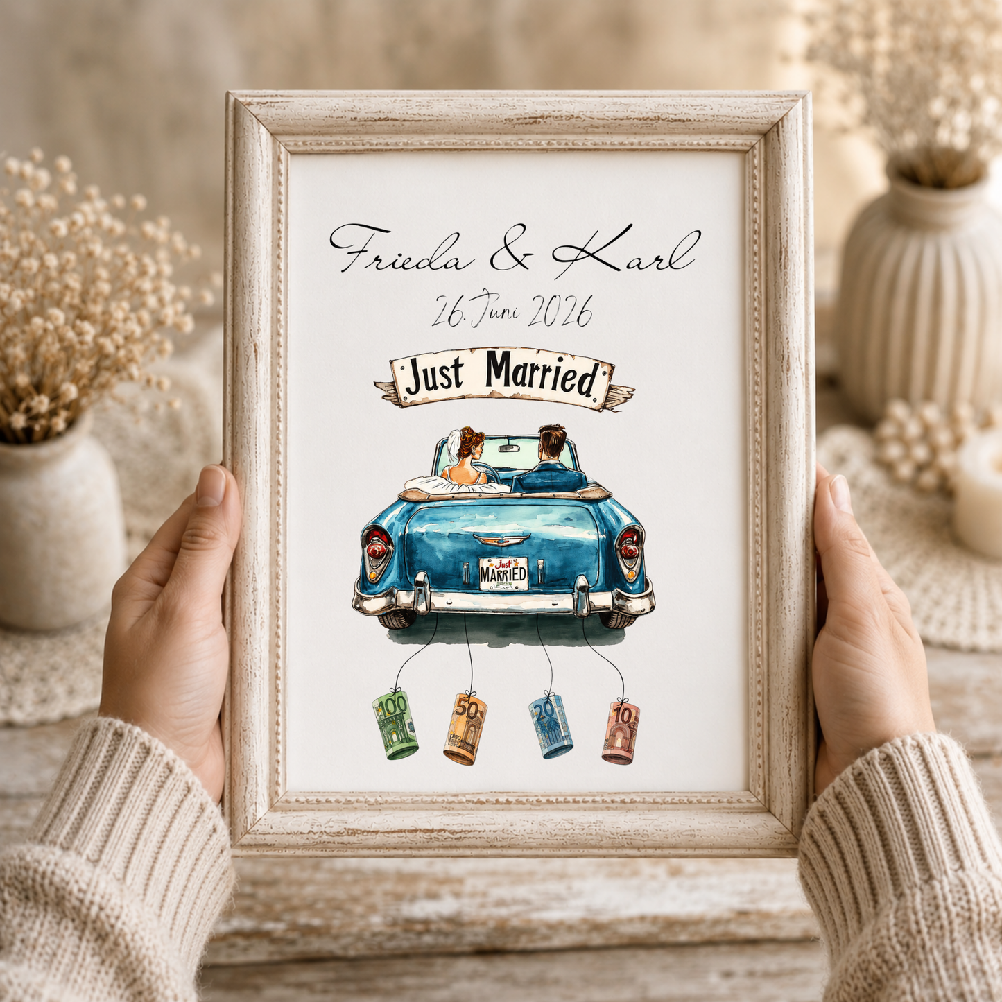 Personalisiertes Geldgeschenk zur Hochzeit mit Brautpaar im blauen Oldtimer Cabrio, Just Married Schild, Namen und Datum als DIN A4 Poster zum Ausdrucken