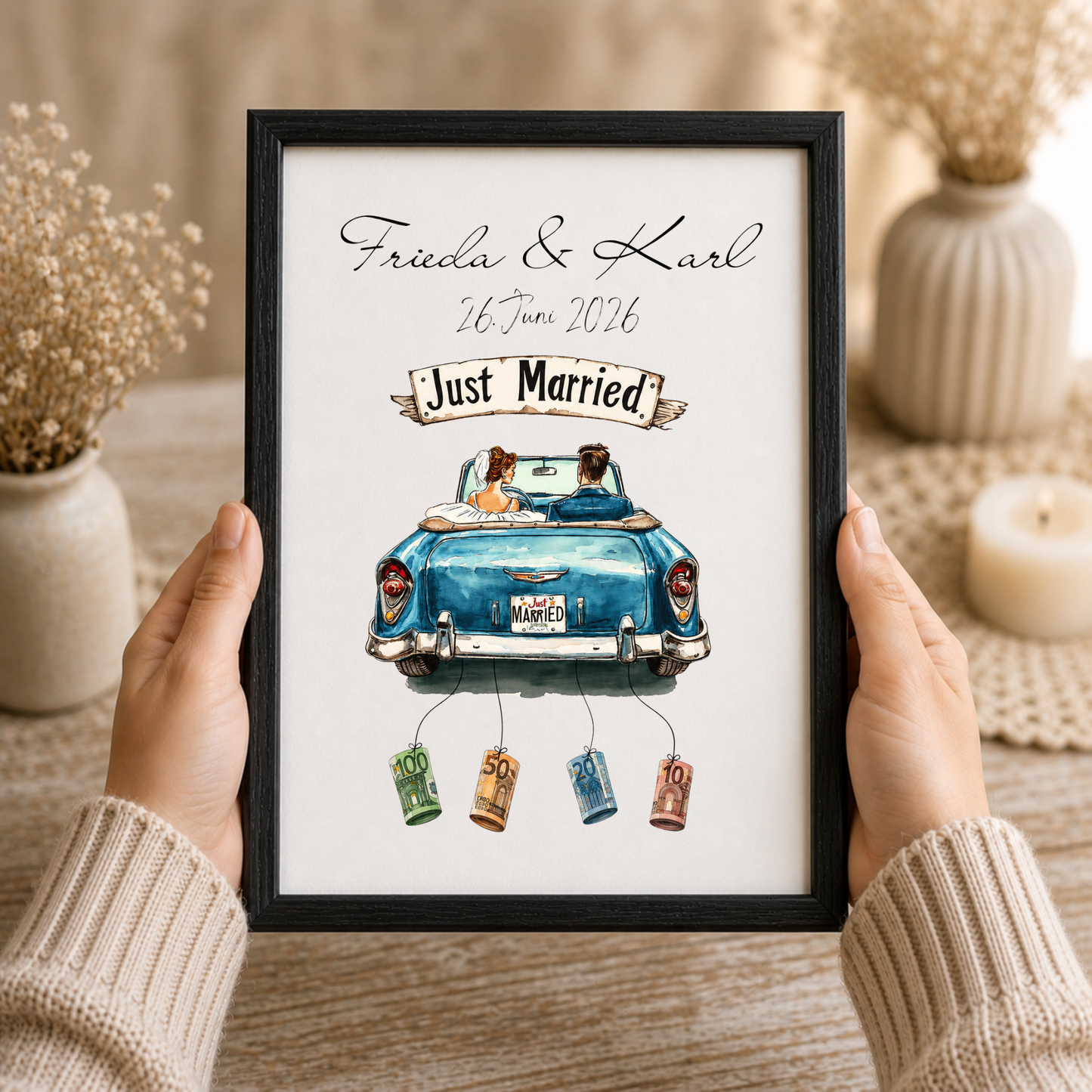 Personalisiertes Geldgeschenk zur Hochzeit mit Brautpaar im blauen Oldtimer Cabrio, Just Married Schild, Namen und Datum als DIN A4 Poster zum Ausdrucken