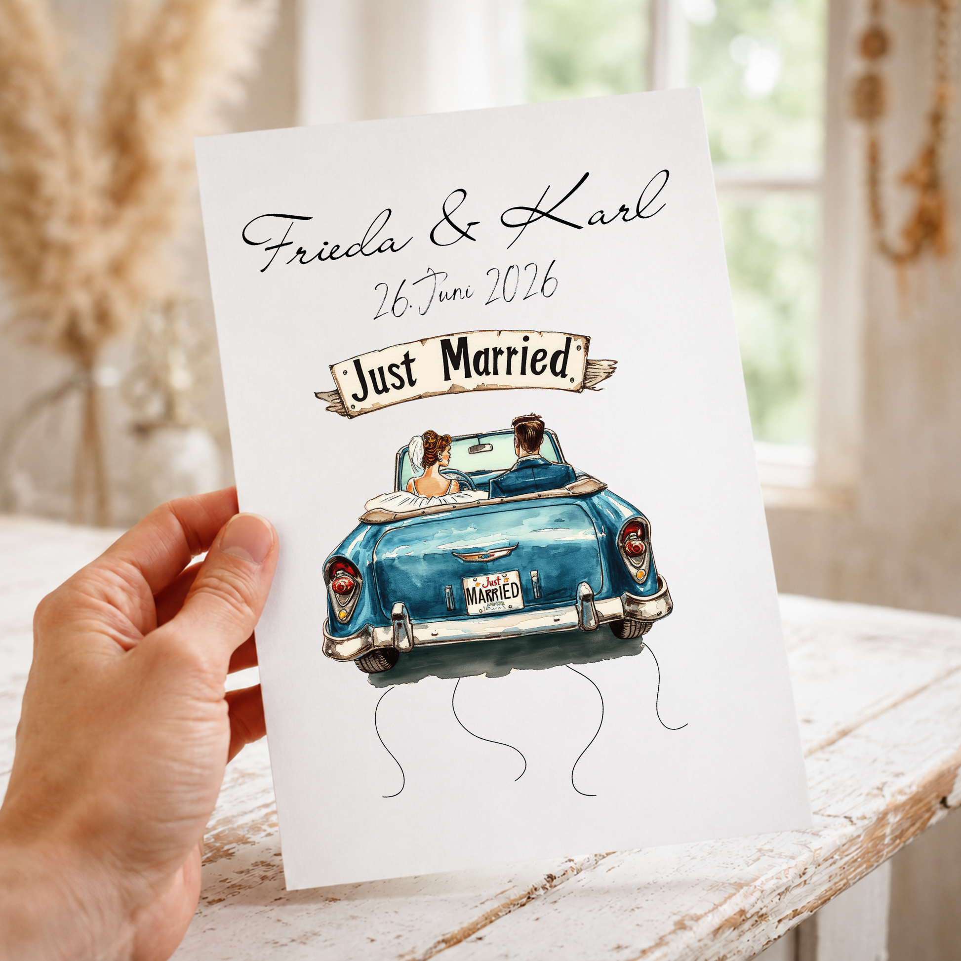 Personalisiertes Geldgeschenk zur Hochzeit mit Brautpaar im blauen Oldtimer Cabrio, Just Married Schild, Namen und Datum als DIN A4 Poster zum Ausdrucken