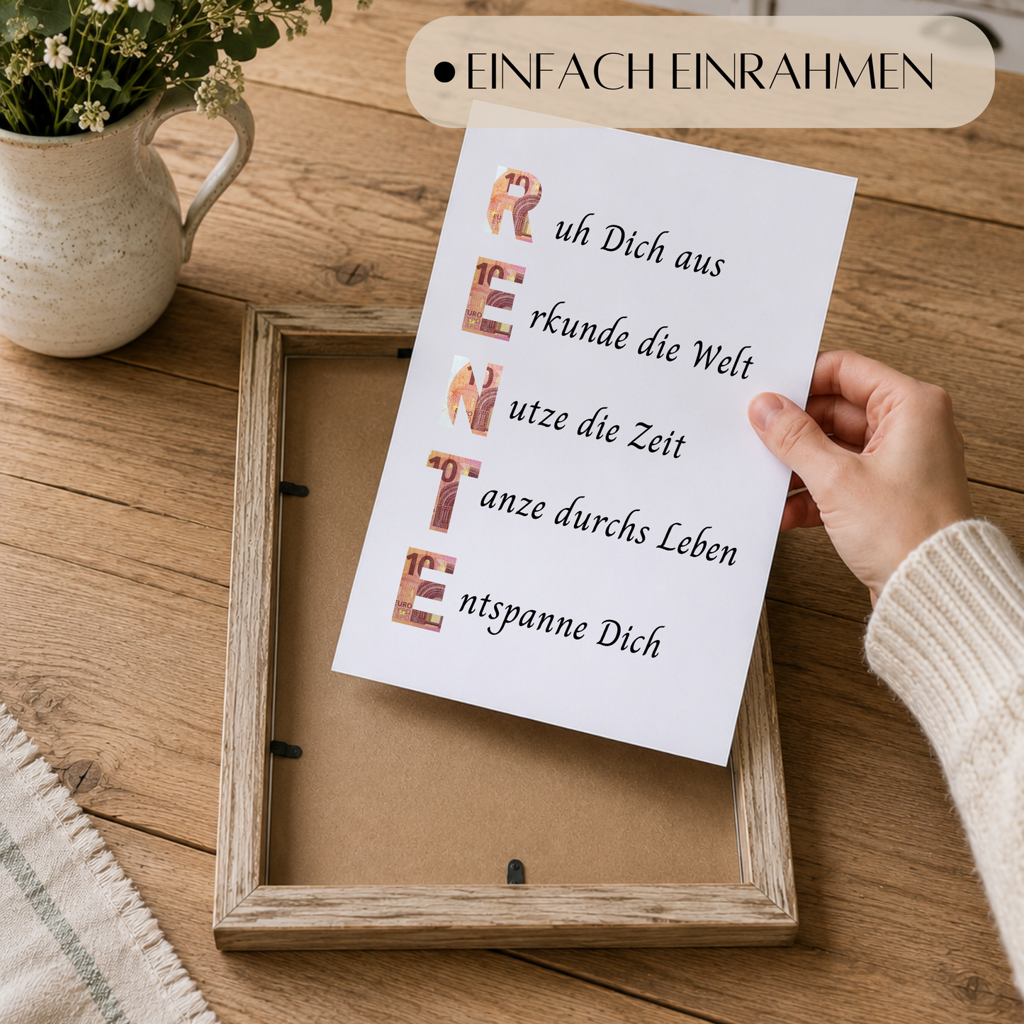 Geldgeschenk Rente Printable im Bilderrahmen mit Schriftzug RENTE und Sprüchen zum Ruhestand – Digital Download Geschenkidee zur Pensionierung DIN A4