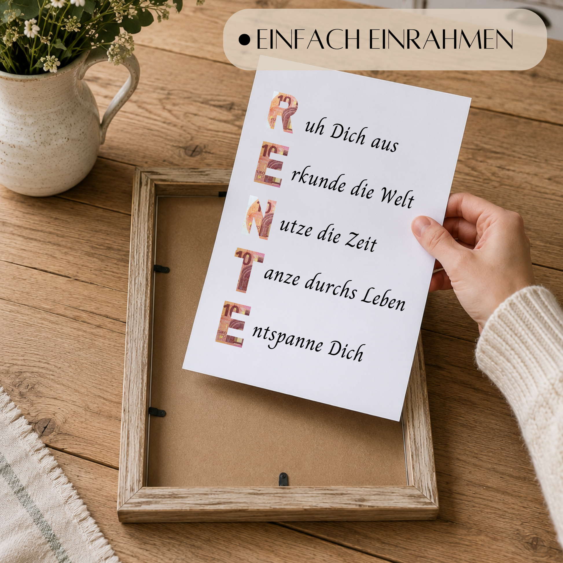 Geldgeschenk Rente Printable im Bilderrahmen mit Schriftzug RENTE und Sprüchen zum Ruhestand – Digital Download Geschenkidee zur Pensionierung DIN A4