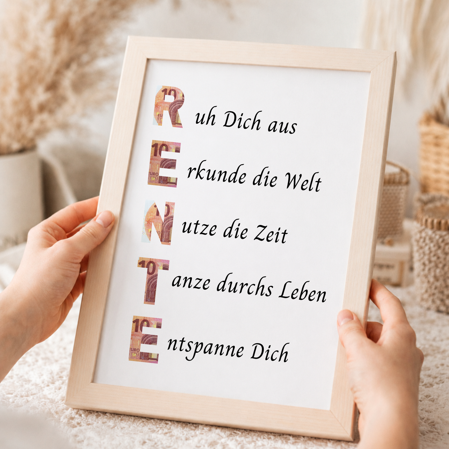 Geldgeschenk Rente Printable im Bilderrahmen mit Schriftzug RENTE und Sprüchen zum Ruhestand – Digital Download Geschenkidee zur Pensionierung DIN A4