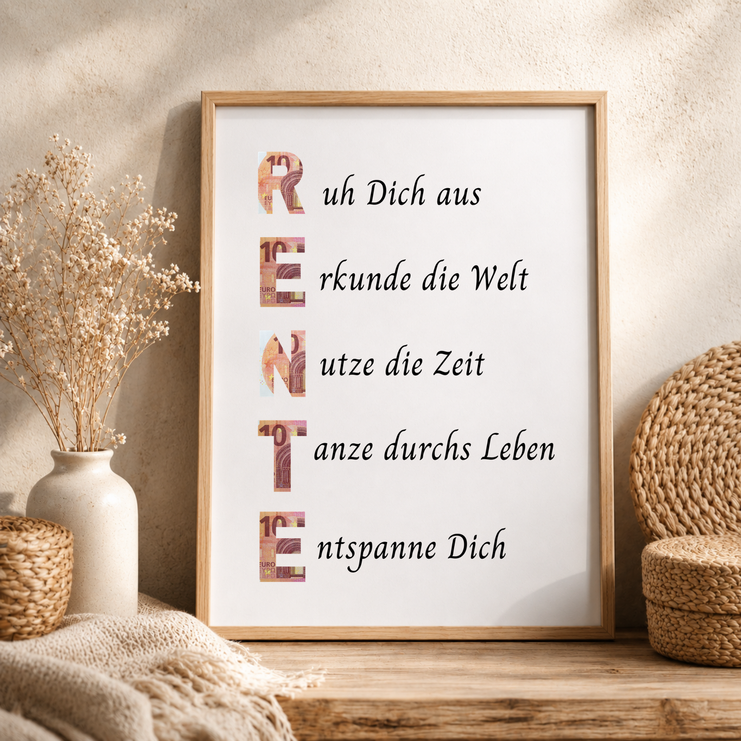 Geldgeschenk Rente Printable im Bilderrahmen mit Schriftzug RENTE und Sprüchen zum Ruhestand – Digital Download Geschenkidee zur Pensionierung DIN A4