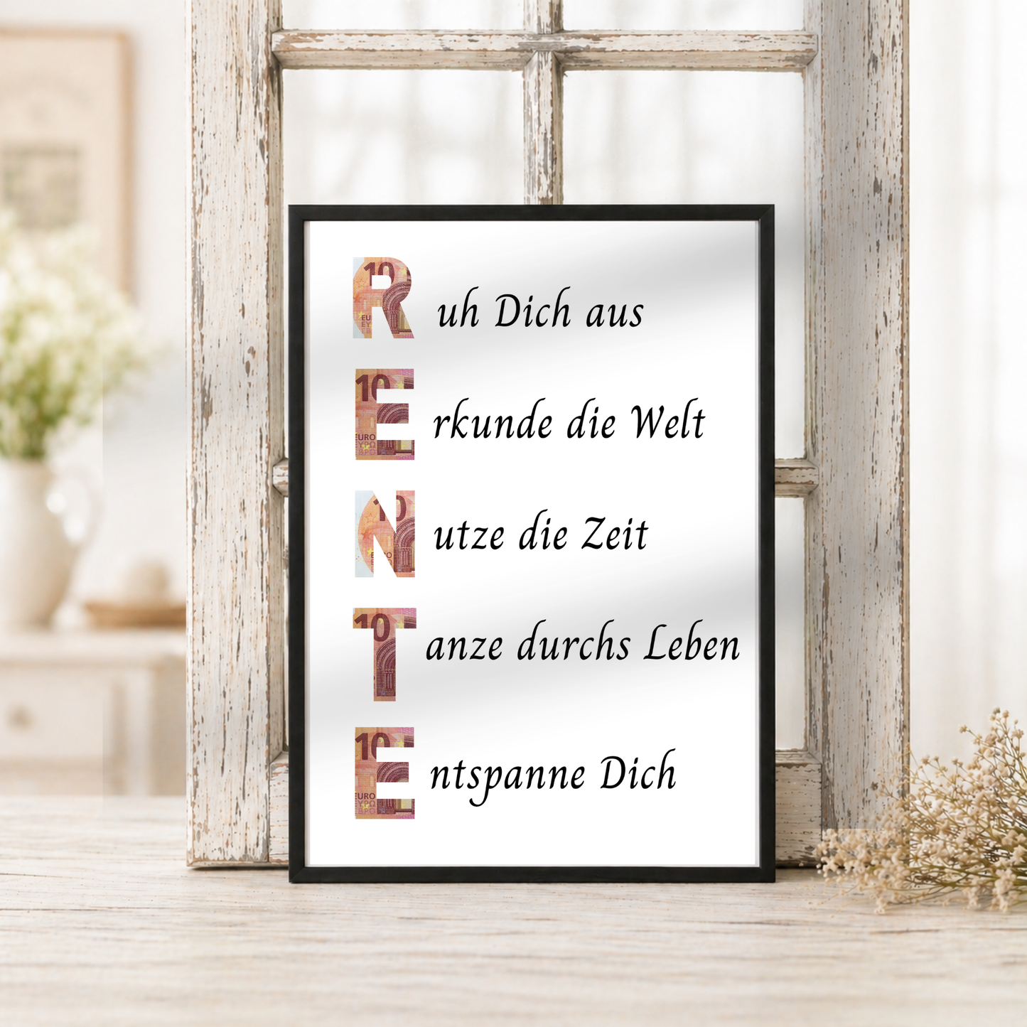 Geldgeschenk Rente Printable im Bilderrahmen mit Schriftzug RENTE und Sprüchen zum Ruhestand – Digital Download Geschenkidee zur Pensionierung DIN A4