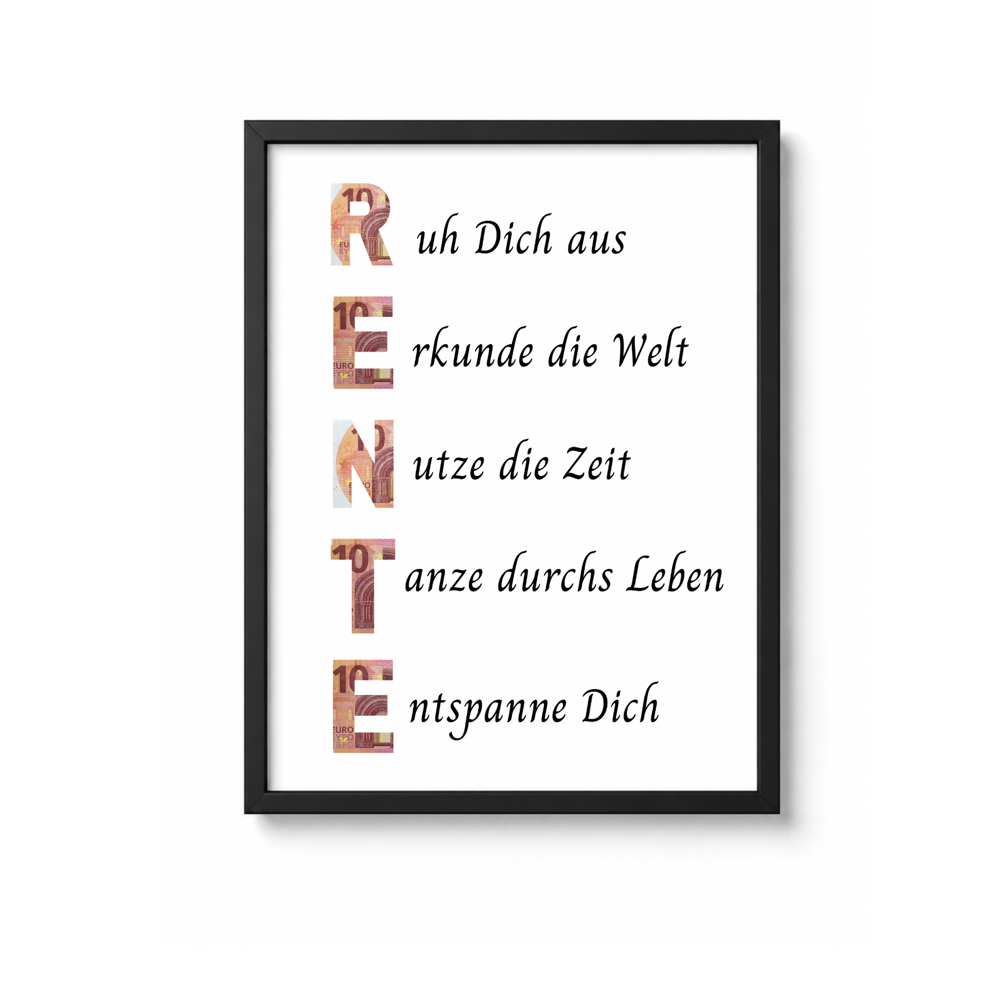 Geldgeschenk Rente Printable im Bilderrahmen mit Schriftzug RENTE und Sprüchen zum Ruhestand – Digital Download Geschenkidee zur Pensionierung DIN A4