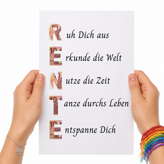 Geldgeschenk Rente Printable im Bilderrahmen mit Schriftzug RENTE und Sprüchen zum Ruhestand – Digital Download Geschenkidee zur Pensionierung DIN A4