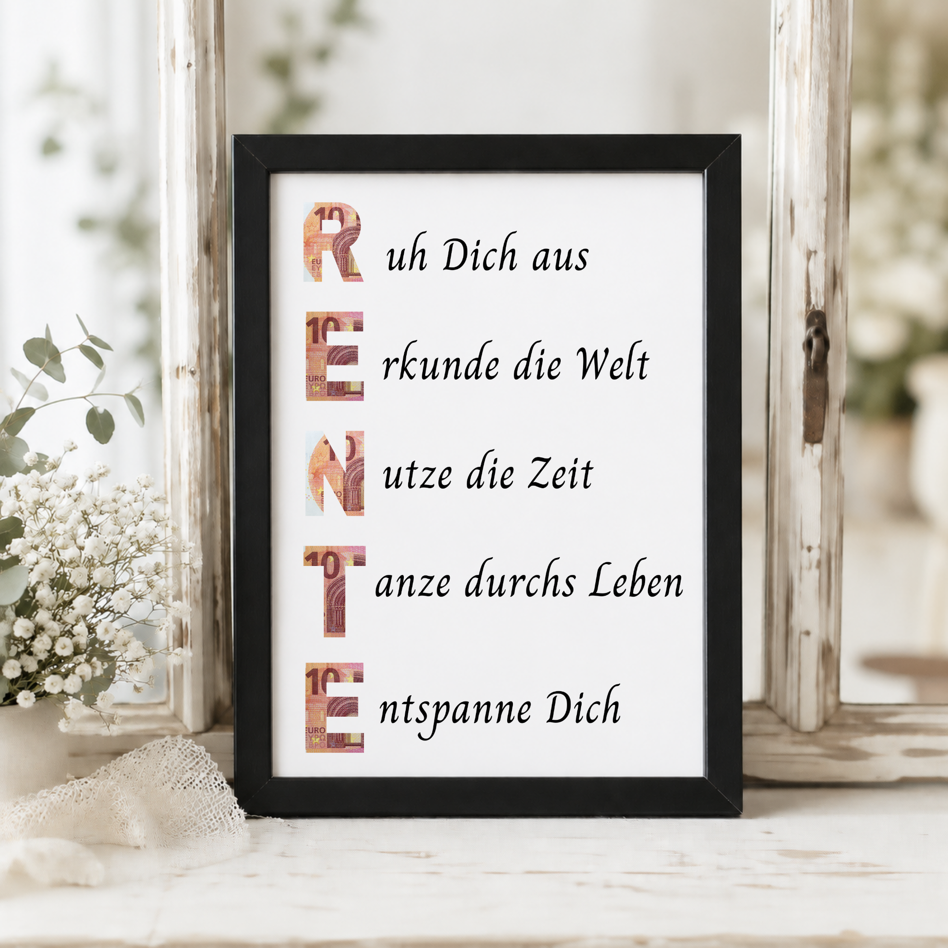 Geldgeschenk Rente Printable im Bilderrahmen mit Schriftzug RENTE und Sprüchen zum Ruhestand – Digital Download Geschenkidee zur Pensionierung DIN A4