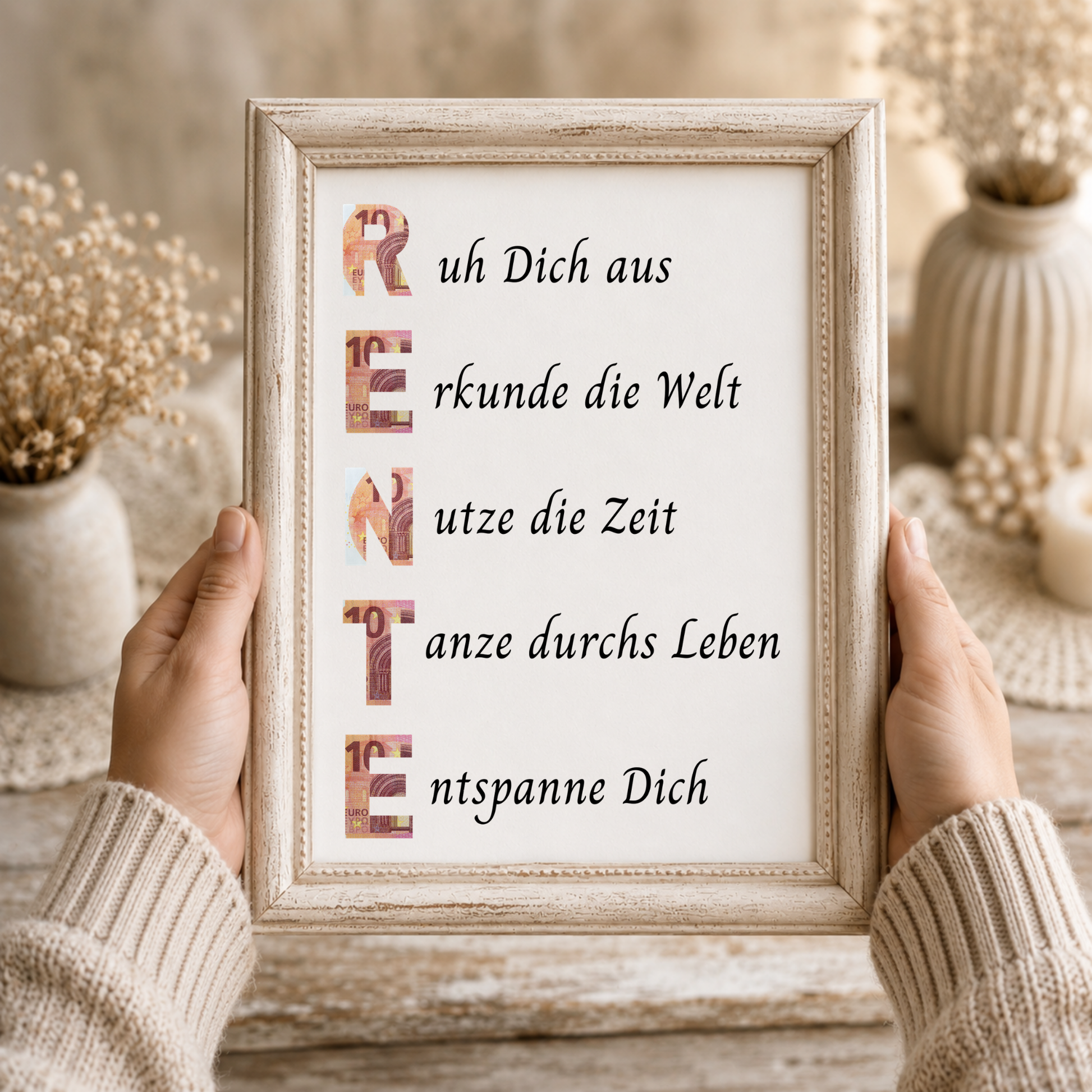 Geldgeschenk Rente Printable im Bilderrahmen mit Schriftzug RENTE und Sprüchen zum Ruhestand – Digital Download Geschenkidee zur Pensionierung DIN A4