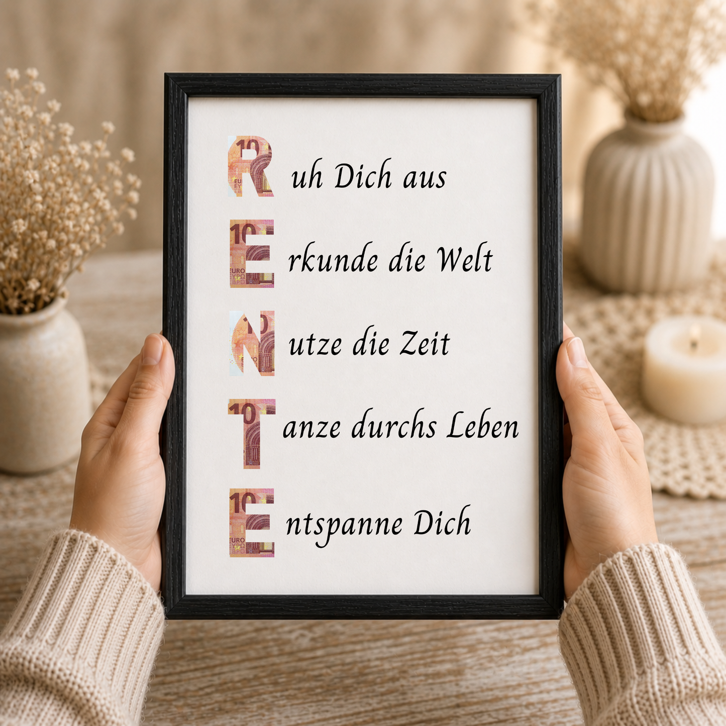 Geldgeschenk Rente Printable im Bilderrahmen mit Schriftzug RENTE und Sprüchen zum Ruhestand – Digital Download Geschenkidee zur Pensionierung DIN A4