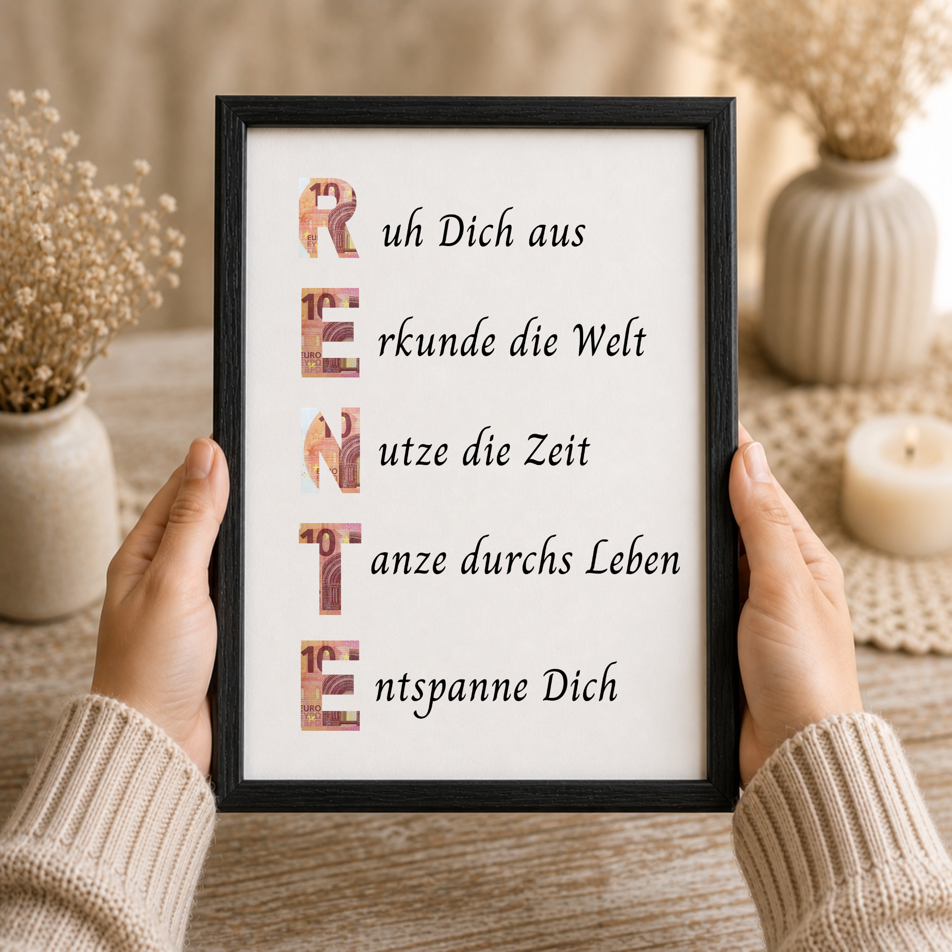 Geldgeschenk Rente Printable im Bilderrahmen mit Schriftzug RENTE und Sprüchen zum Ruhestand – Digital Download Geschenkidee zur Pensionierung DIN A4