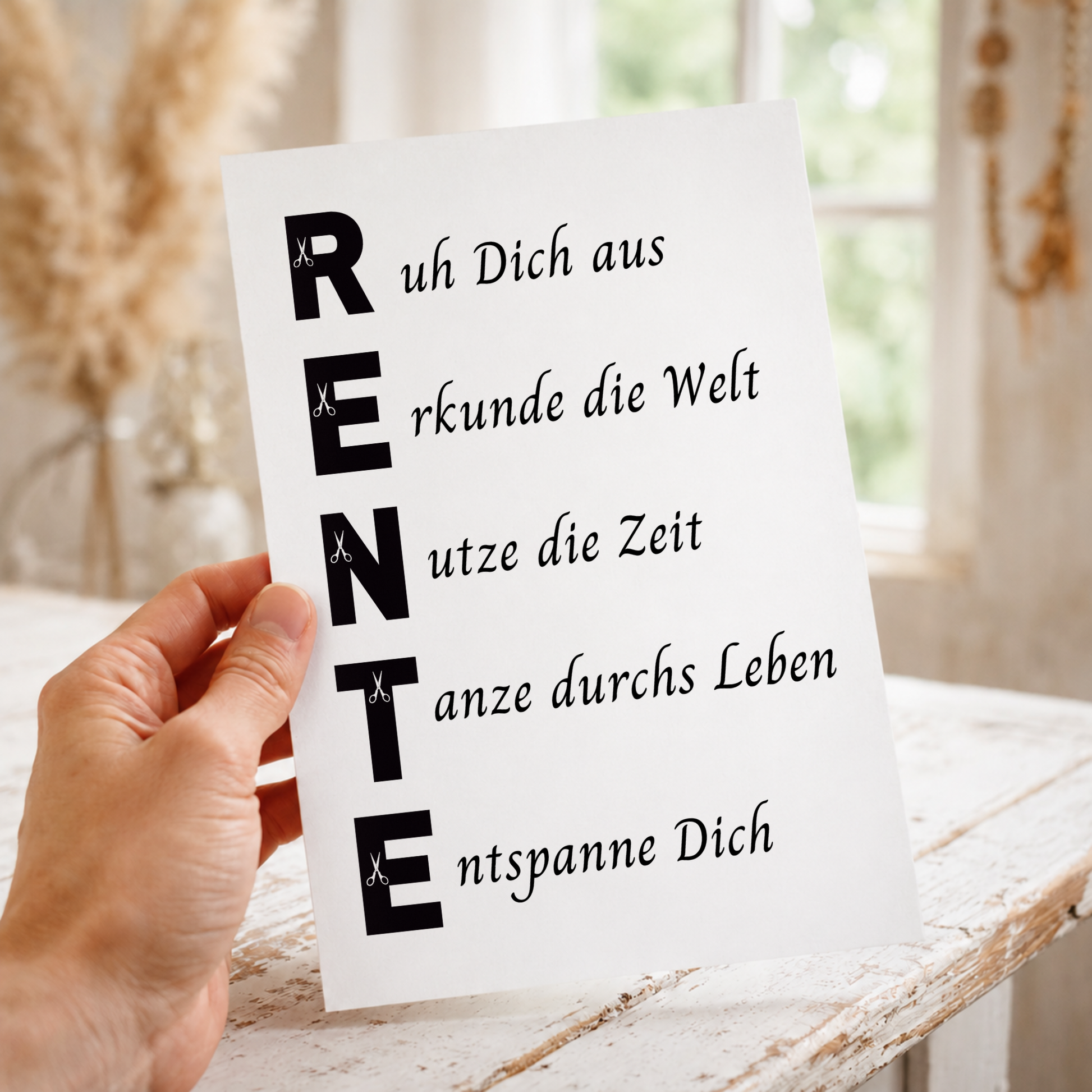 Geldgeschenk Rente Printable im Bilderrahmen mit Schriftzug RENTE und Sprüchen zum Ruhestand – Digital Download Geschenkidee zur Pensionierung DIN A4