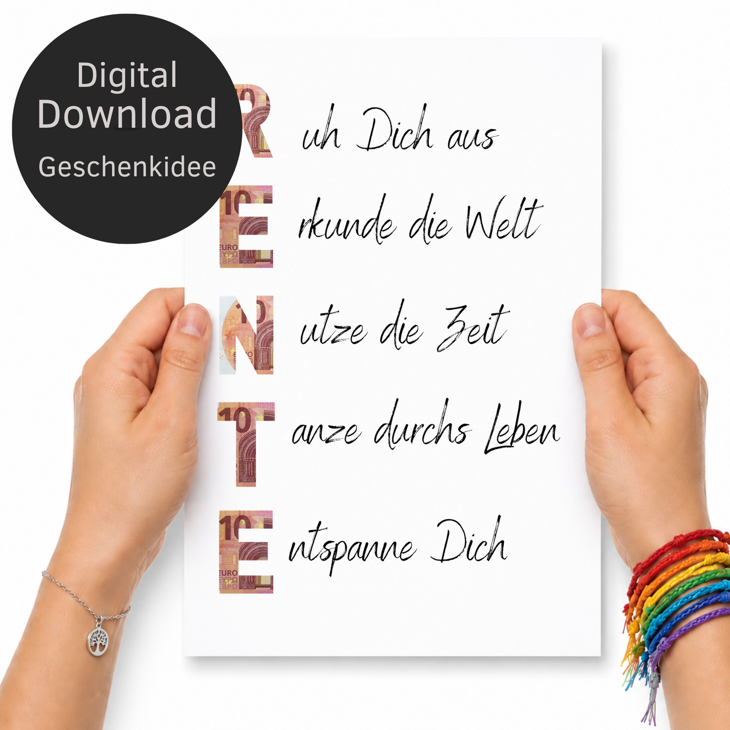 Geldgeschenk Rente Printable zum Ausdrucken mit Schriftzug RENTE und humorvollen Sprüchen für Ruhestand und Pensionierung als Digital Download DIN A4