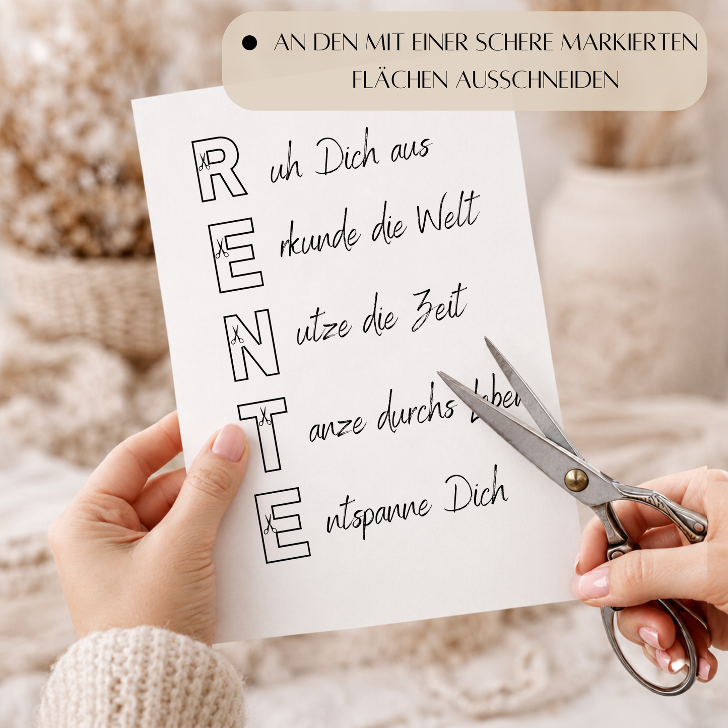 Geldgeschenk Rente Printable zum Ausdrucken mit Schriftzug RENTE und humorvollen Sprüchen für Ruhestand und Pensionierung als Digital Download DIN A4