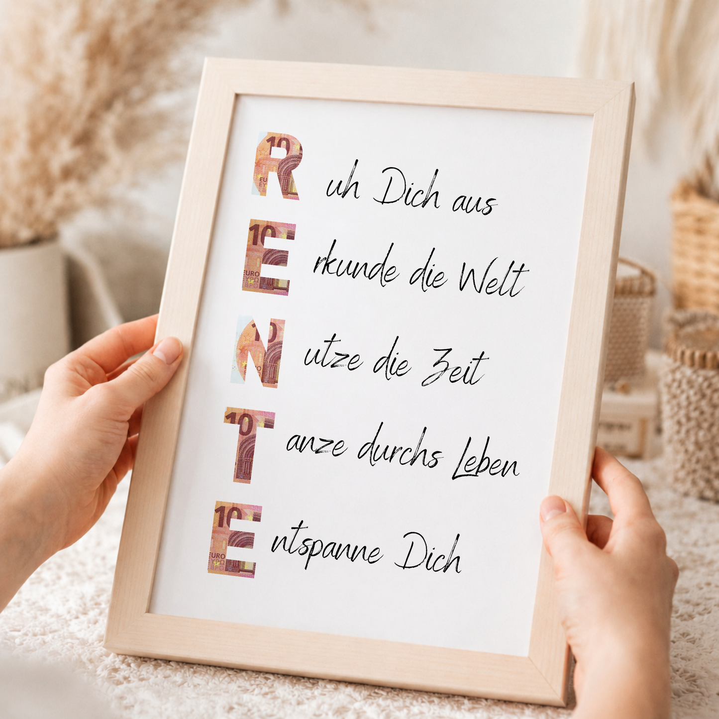 Geldgeschenk Rente Printable zum Ausdrucken mit Schriftzug RENTE und humorvollen Sprüchen für Ruhestand und Pensionierung als Digital Download DIN A4