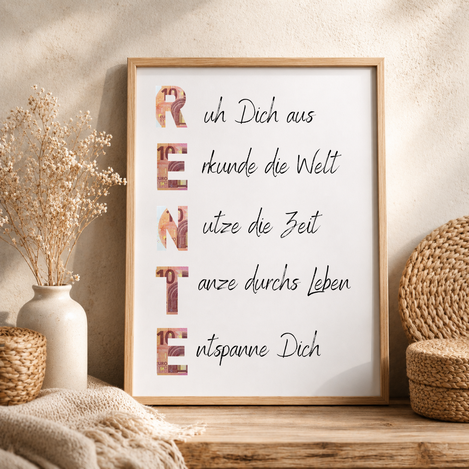 Geldgeschenk Rente Printable zum Ausdrucken mit Schriftzug RENTE und humorvollen Sprüchen für Ruhestand und Pensionierung als Digital Download DIN A4