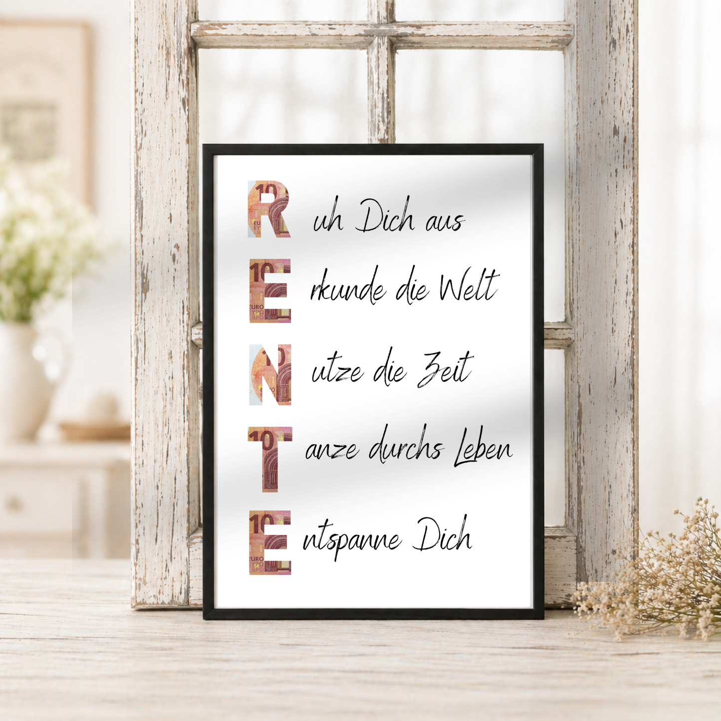 Geldgeschenk Rente Printable zum Ausdrucken mit Schriftzug RENTE und humorvollen Sprüchen für Ruhestand und Pensionierung als Digital Download DIN A4
