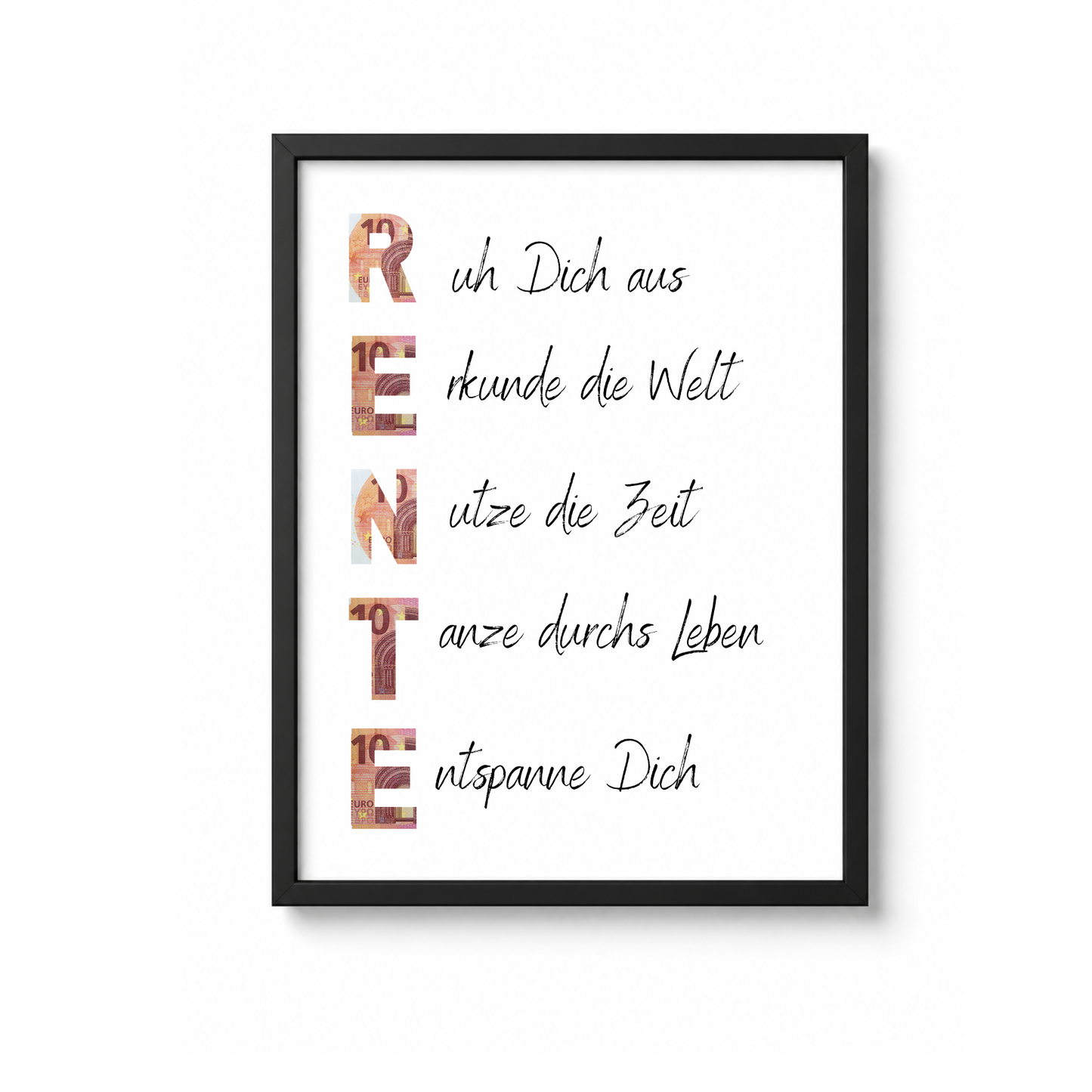 Geldgeschenk Rente Printable zum Ausdrucken mit Schriftzug RENTE und humorvollen Sprüchen für Ruhestand und Pensionierung als Digital Download DIN A4