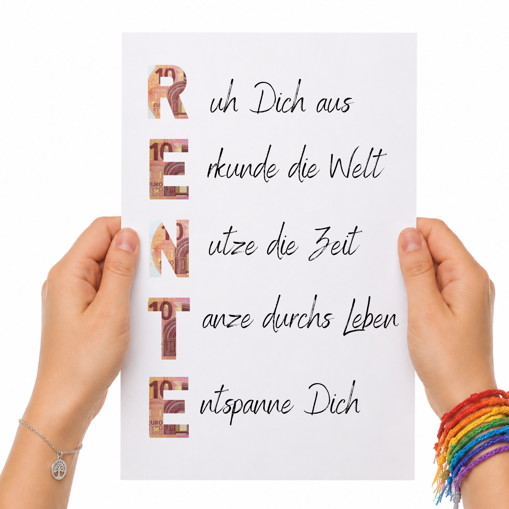 Geldgeschenk Rente Printable zum Ausdrucken mit Schriftzug RENTE und humorvollen Sprüchen für Ruhestand und Pensionierung als Digital Download DIN A4