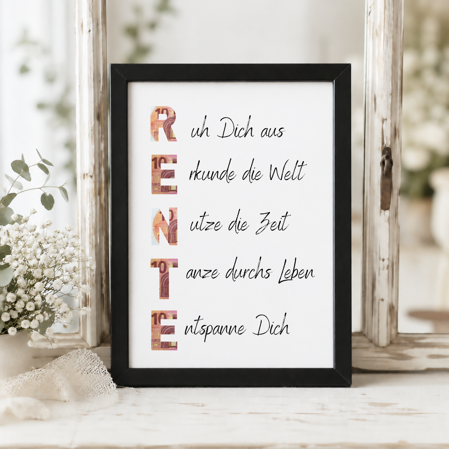 Geldgeschenk Rente Printable zum Ausdrucken mit Schriftzug RENTE und humorvollen Sprüchen für Ruhestand und Pensionierung als Digital Download DIN A4