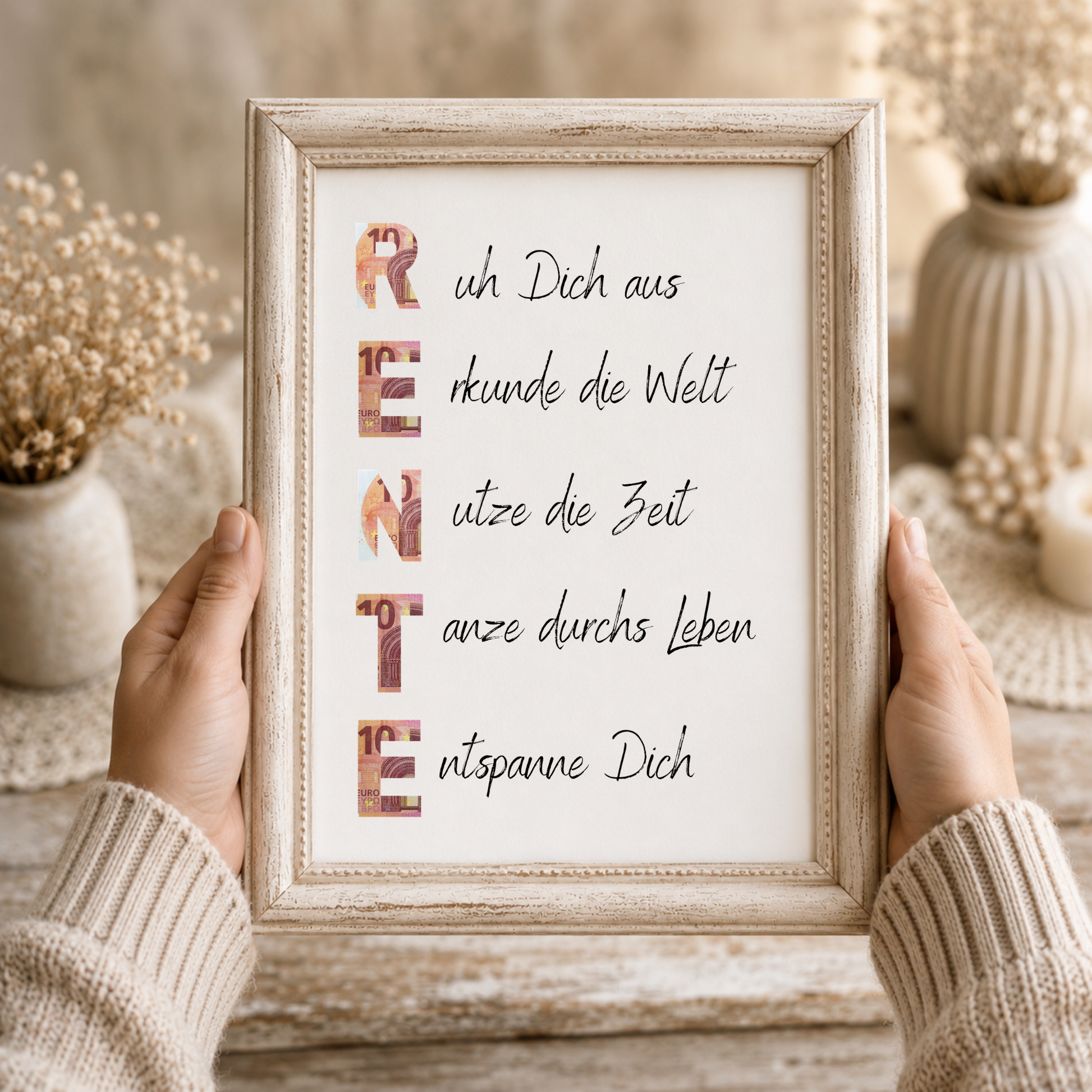 Geldgeschenk Rente Printable zum Ausdrucken mit Schriftzug RENTE und humorvollen Sprüchen für Ruhestand und Pensionierung als Digital Download DIN A4