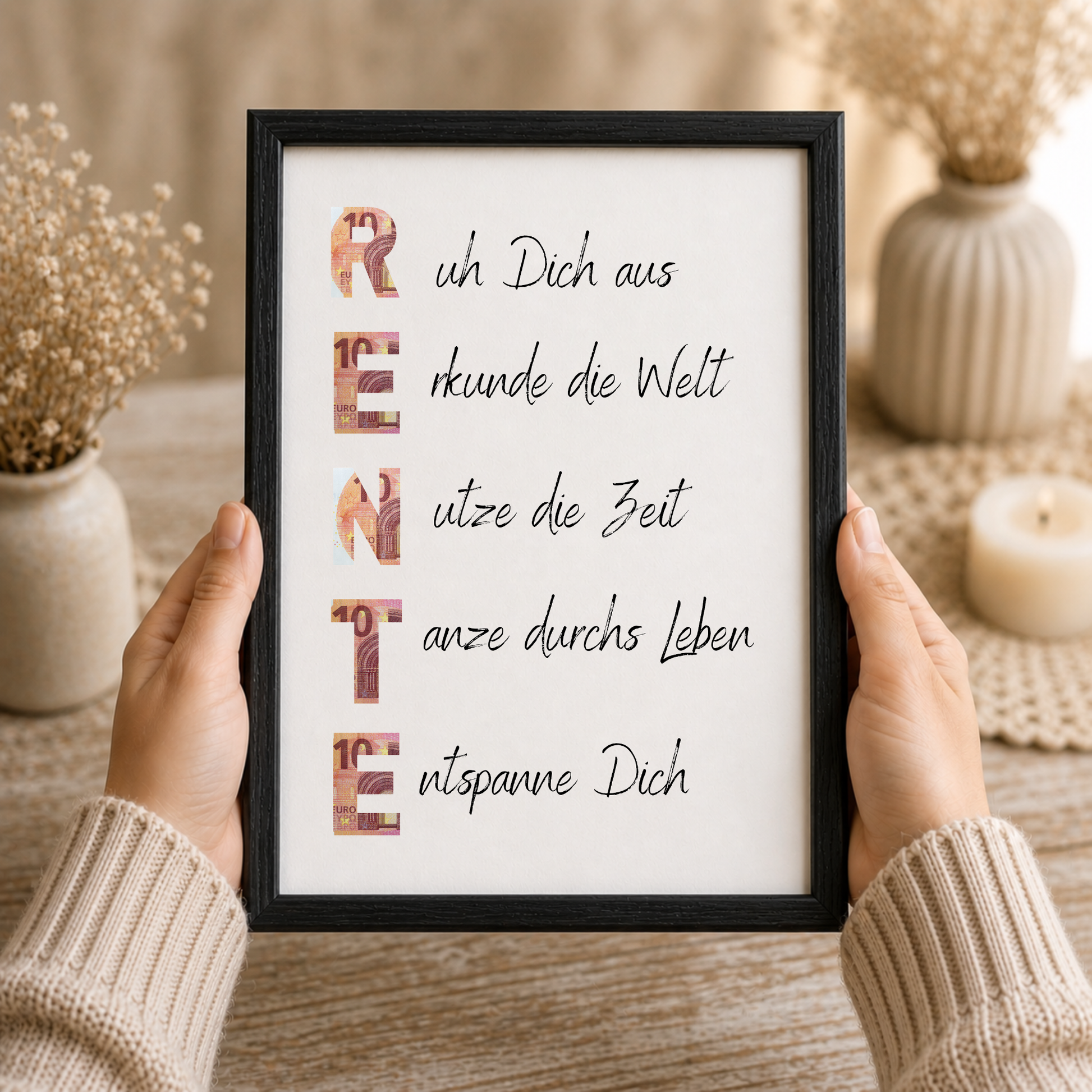 Geldgeschenk Rente Printable zum Ausdrucken mit Schriftzug RENTE und humorvollen Sprüchen für Ruhestand und Pensionierung als Digital Download DIN A4