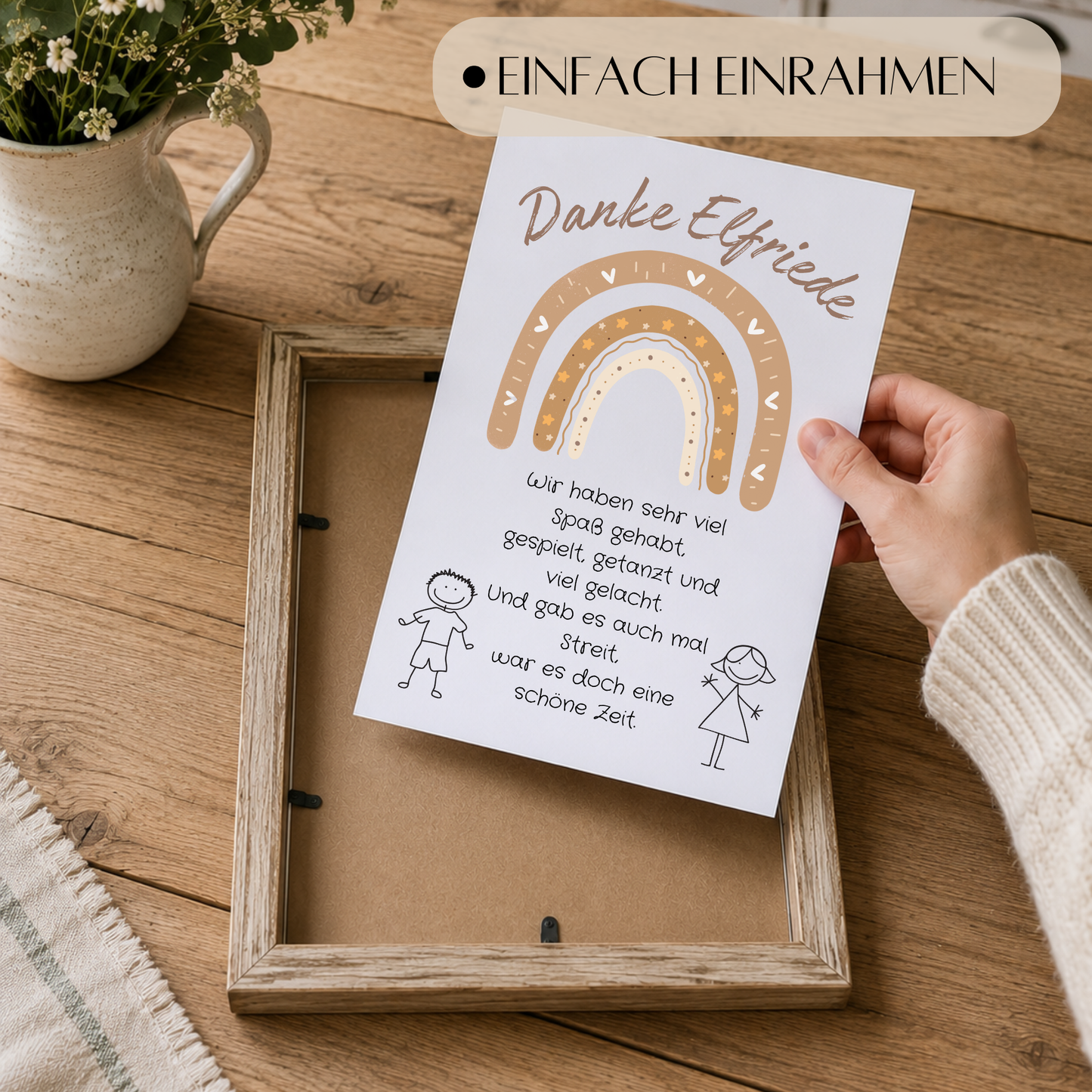 Personalisierbares Abschied Erzieherin Poster mit braunem Boho Regenbogen, liebevollem Dankespruch und Kinderzeichnungen als Printable Geschenk zum Kindergartenabschied