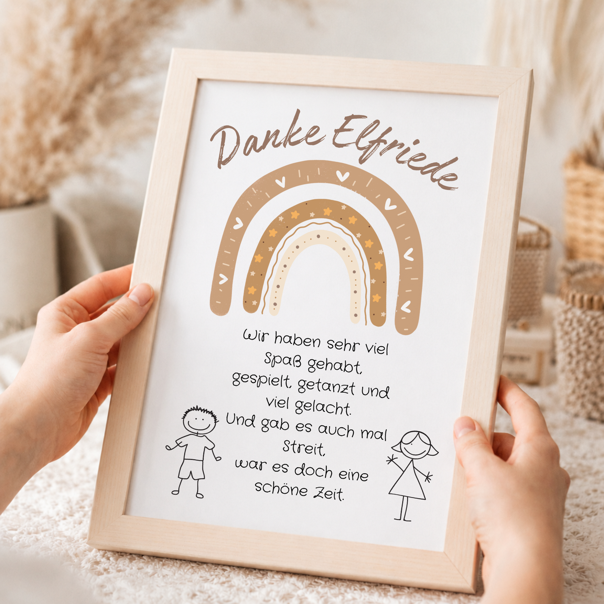 Personalisierbares Abschied Erzieherin Poster mit braunem Boho Regenbogen, liebevollem Dankespruch und Kinderzeichnungen als Printable Geschenk zum Kindergartenabschied