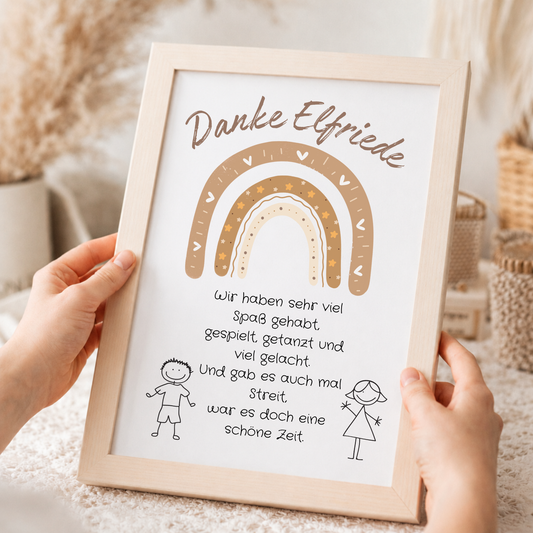 Personalisierbares Abschied Erzieherin Poster mit braunem Boho Regenbogen, liebevollem Dankespruch und Kinderzeichnungen als Printable Geschenk zum Kindergartenabschied