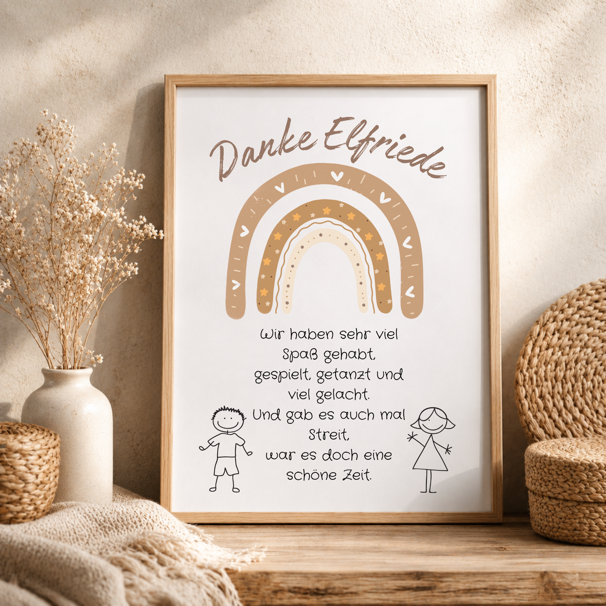 Personalisierbares Abschied Erzieherin Poster mit braunem Boho Regenbogen, liebevollem Dankespruch und Kinderzeichnungen als Printable Geschenk zum Kindergartenabschied