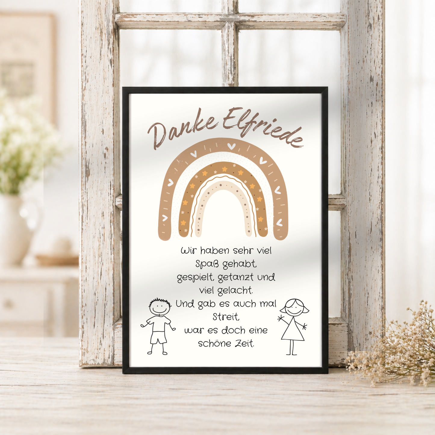 Personalisierbares Abschied Erzieherin Poster mit braunem Boho Regenbogen, liebevollem Dankespruch und Kinderzeichnungen als Printable Geschenk zum Kindergartenabschied