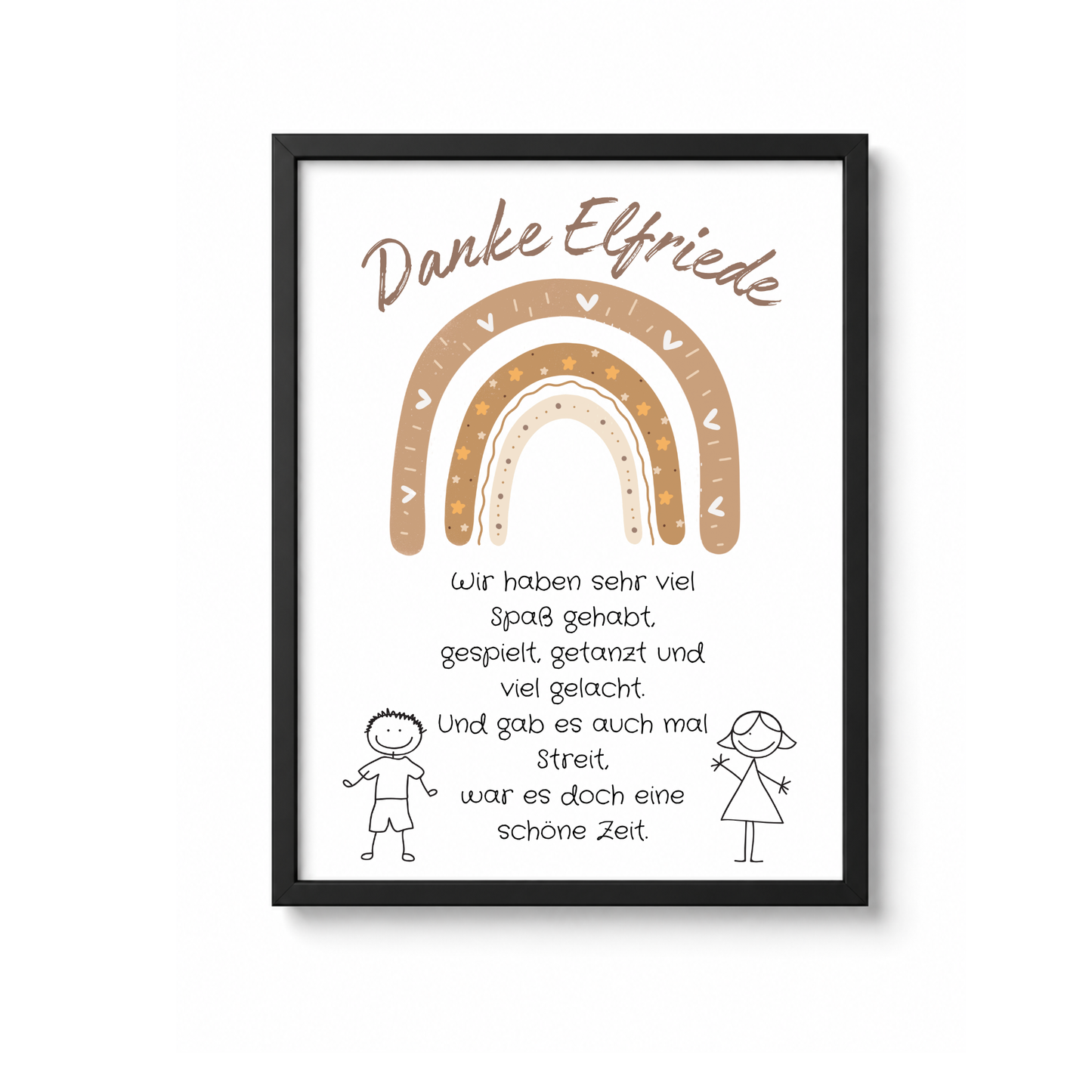 Personalisierbares Abschied Erzieherin Poster mit braunem Boho Regenbogen, liebevollem Dankespruch und Kinderzeichnungen als Printable Geschenk zum Kindergartenabschied