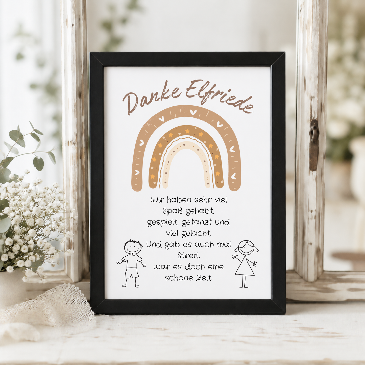 Personalisierbares Abschied Erzieherin Poster mit braunem Boho Regenbogen, liebevollem Dankespruch und Kinderzeichnungen als Printable Geschenk zum Kindergartenabschied