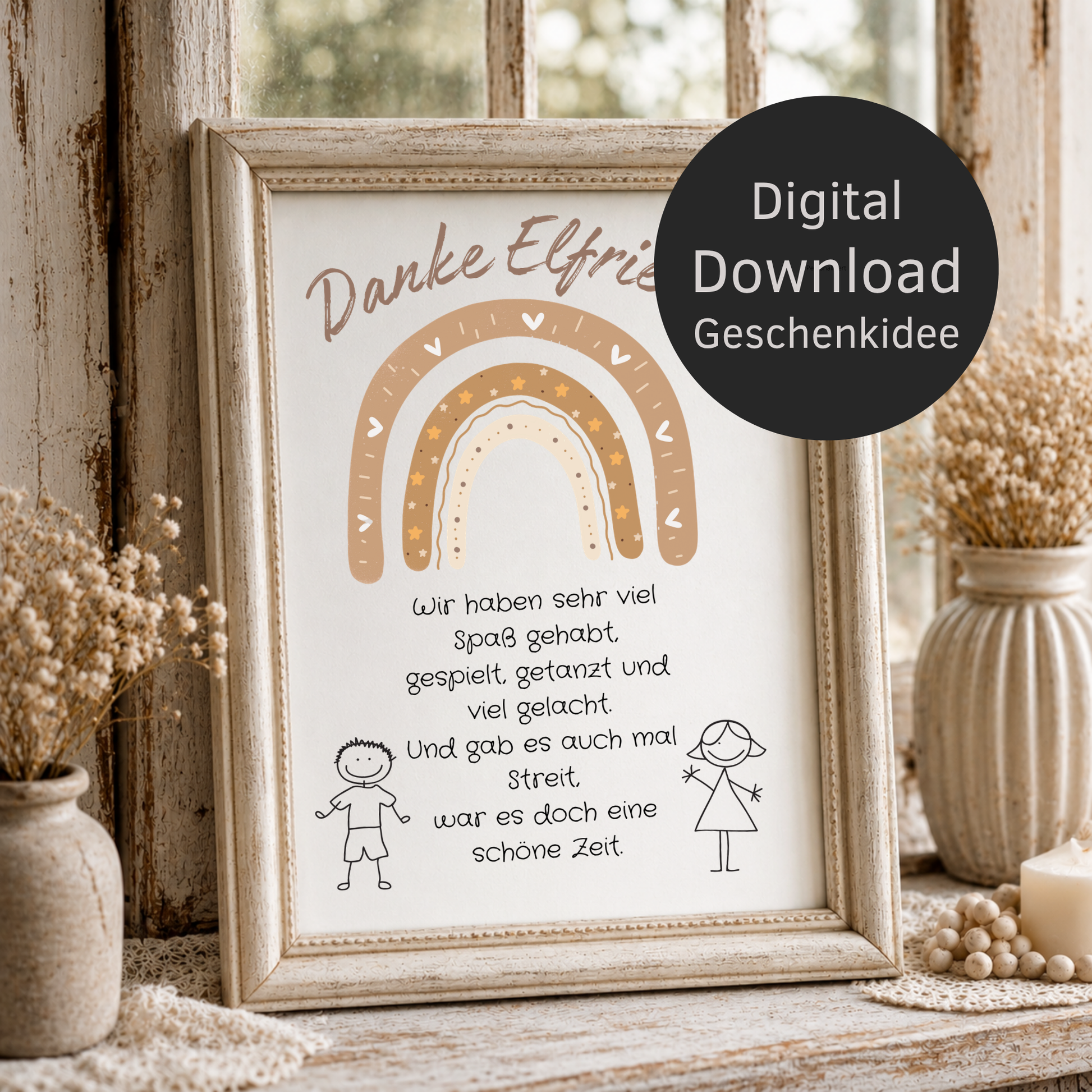 Personalisierbares Abschied Erzieherin Poster mit braunem Boho Regenbogen, liebevollem Dankespruch und Kinderzeichnungen als Printable Geschenk zum Kindergartenabschied