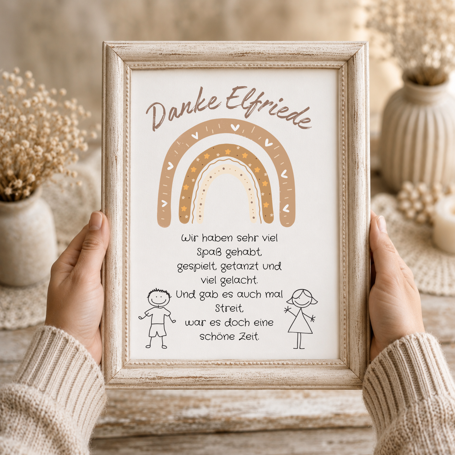 Personalisierbares Abschied Erzieherin Poster mit braunem Boho Regenbogen, liebevollem Dankespruch und Kinderzeichnungen als Printable Geschenk zum Kindergartenabschied