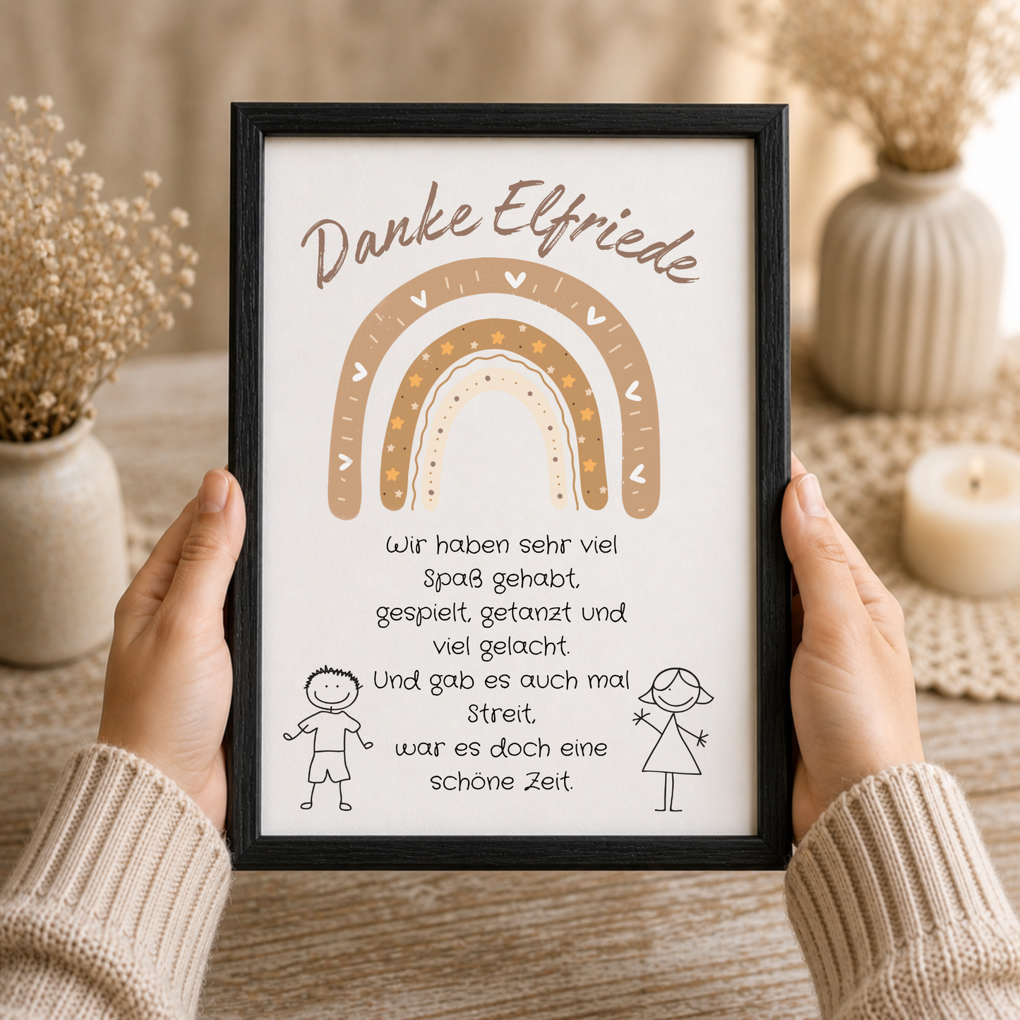 Personalisierbares Abschied Erzieherin Poster mit braunem Boho Regenbogen, liebevollem Dankespruch und Kinderzeichnungen als Printable Geschenk zum Kindergartenabschied