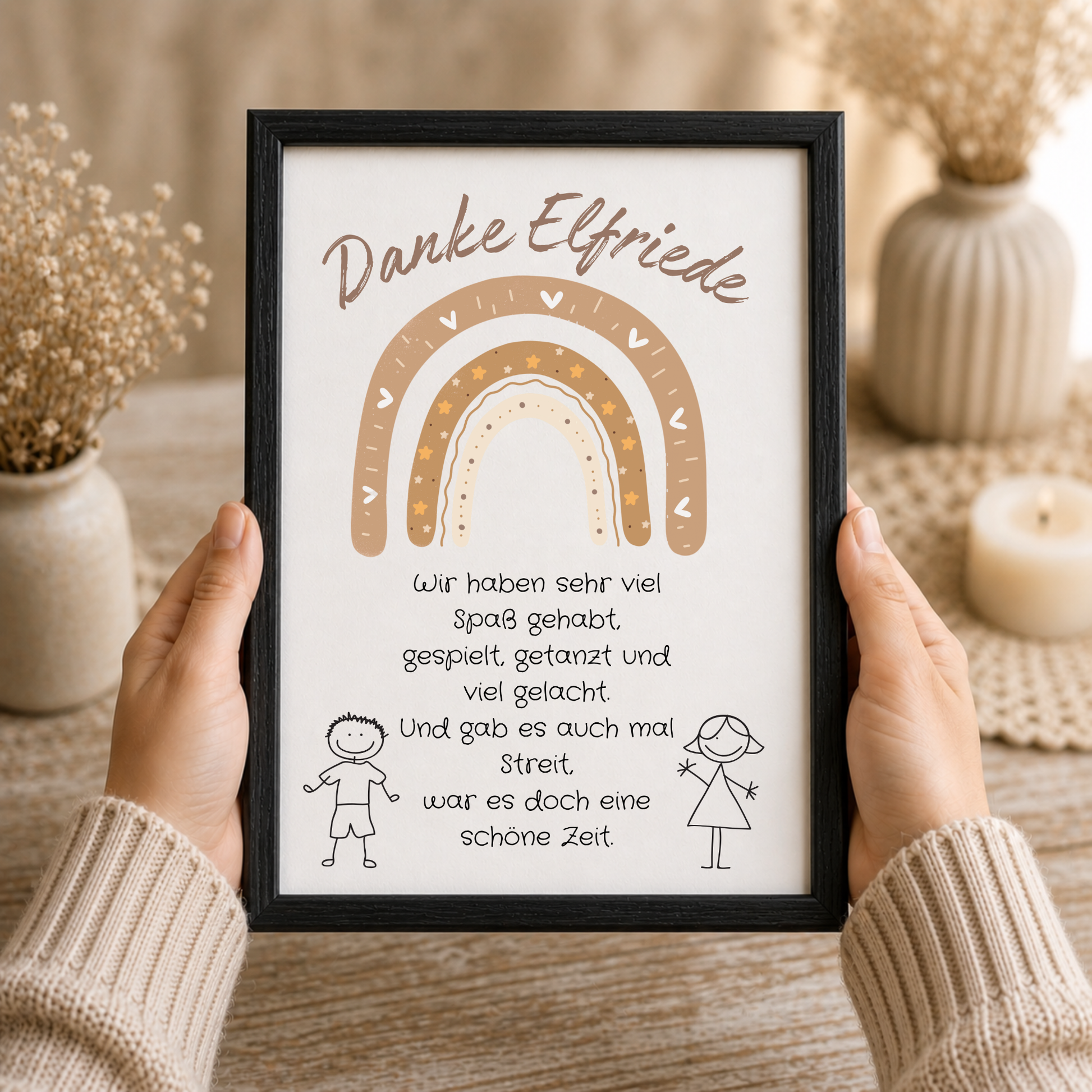 Personalisierbares Abschied Erzieherin Poster mit braunem Boho Regenbogen, liebevollem Dankespruch und Kinderzeichnungen als Printable Geschenk zum Kindergartenabschied