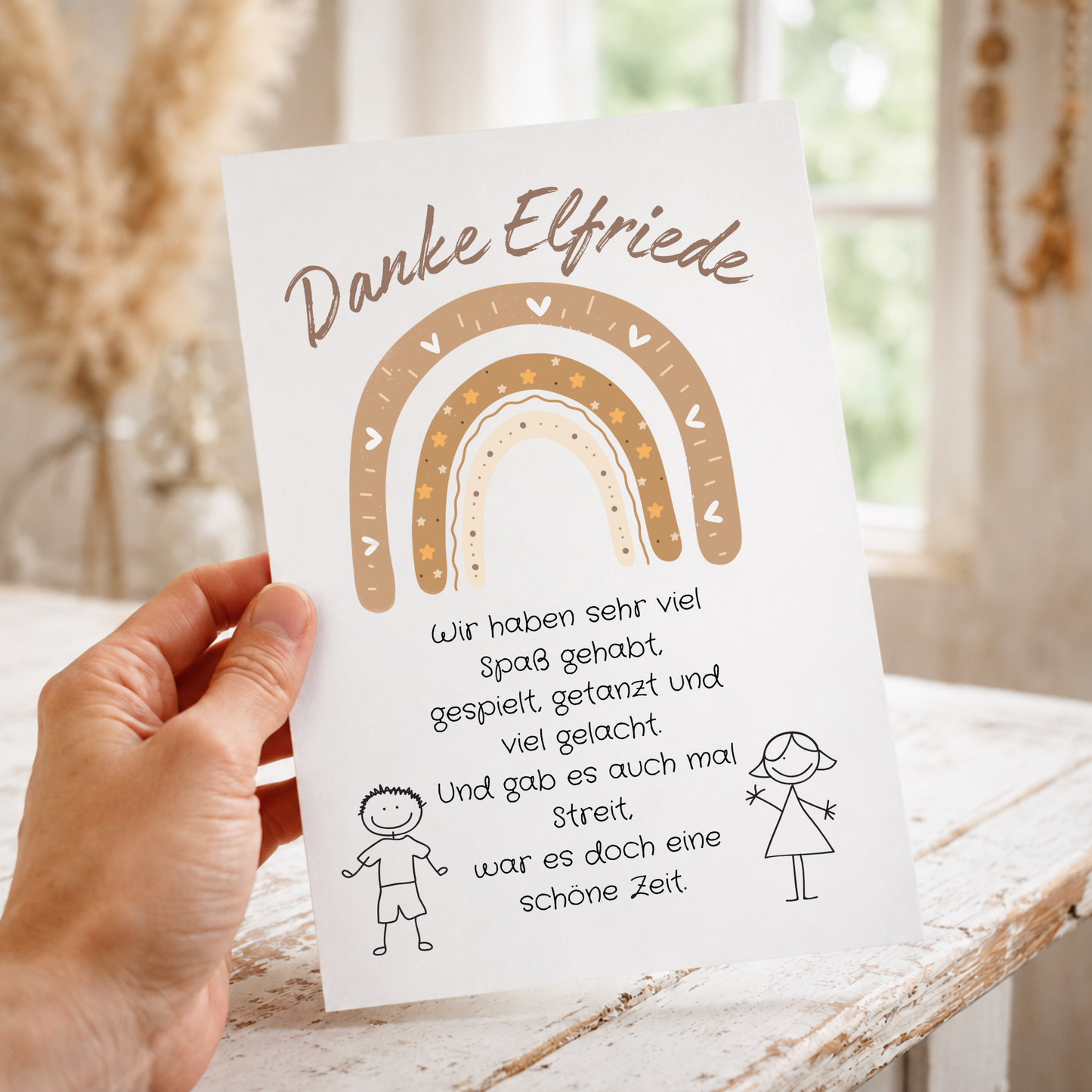 Personalisierbares Abschied Erzieherin Poster mit braunem Boho Regenbogen, liebevollem Dankespruch und Kinderzeichnungen als Printable Geschenk zum Kindergartenabschied
