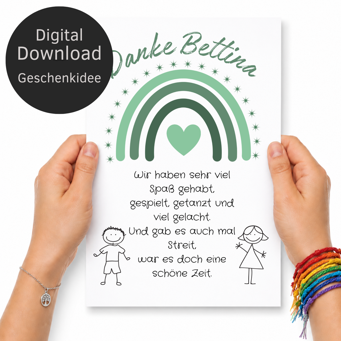 Personalisiertes Abschied Erzieherin Poster mit grünem Regenbogen, Herz und Abschiedsspruch im Boho Stil als DIN A4 Printable zum Ausdrucken