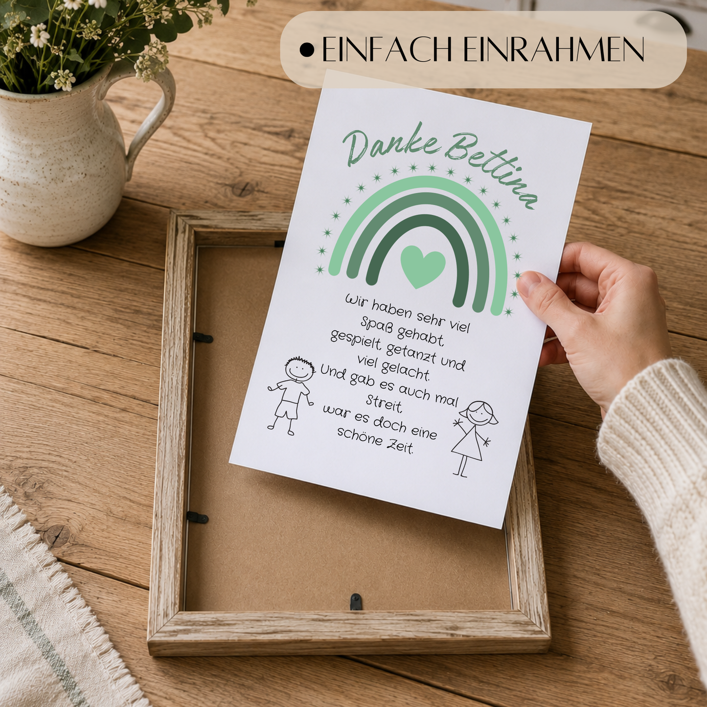 Personalisiertes Abschied Erzieherin Poster mit grünem Regenbogen, Herz und Abschiedsspruch im Boho Stil als DIN A4 Printable zum Ausdrucken