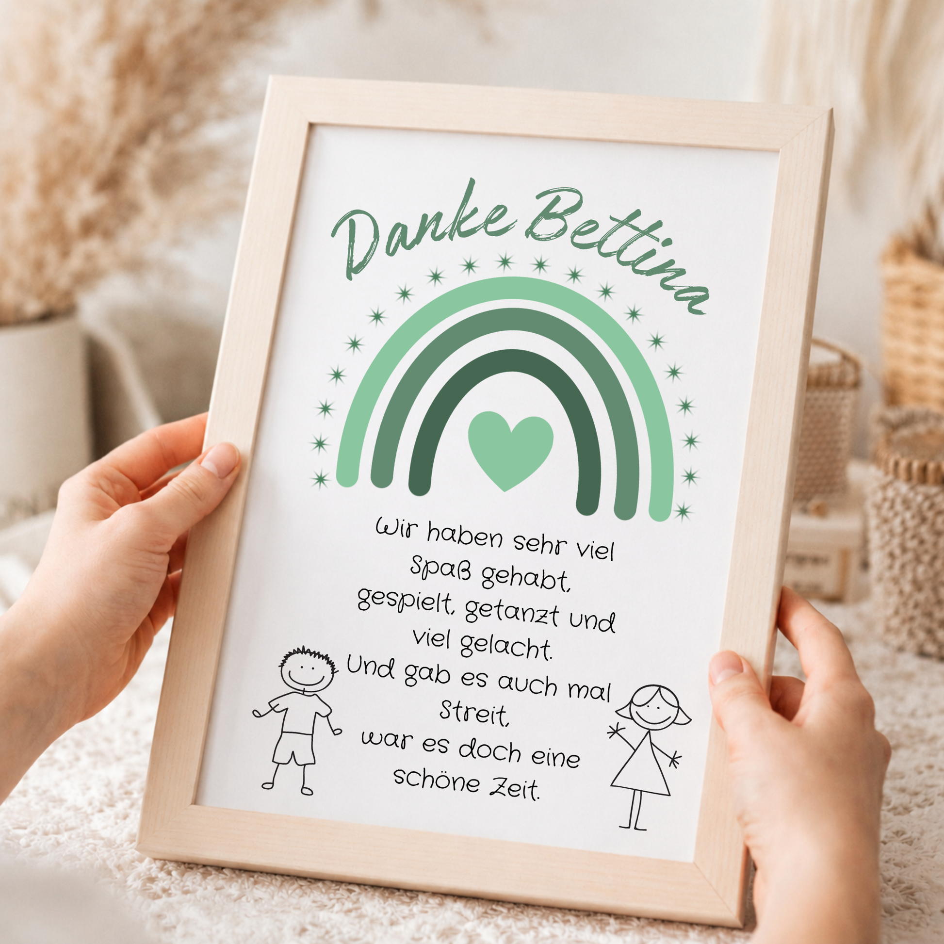 Personalisiertes Abschied Erzieherin Poster mit grünem Regenbogen, Herz und Abschiedsspruch im Boho Stil als DIN A4 Printable zum Ausdrucken