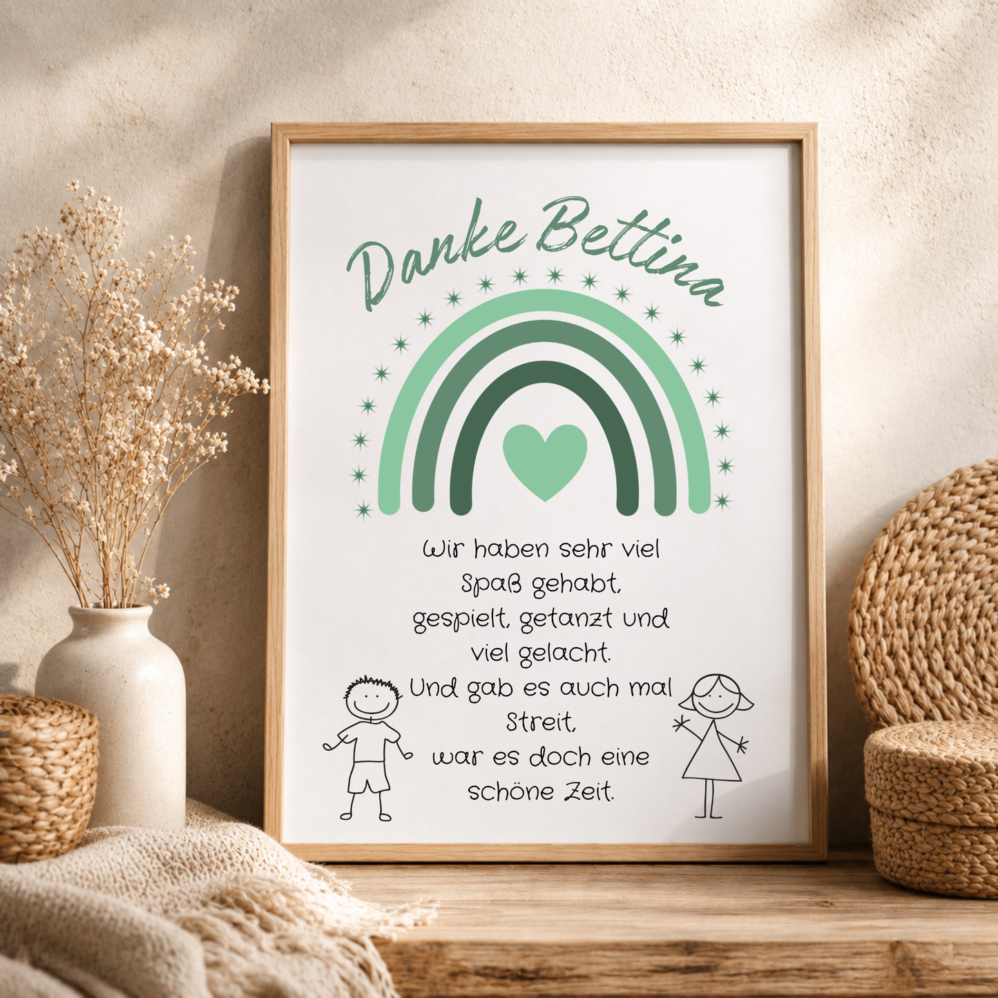 Personalisiertes Abschied Erzieherin Poster mit grünem Regenbogen, Herz und Abschiedsspruch im Boho Stil als DIN A4 Printable zum Ausdrucken