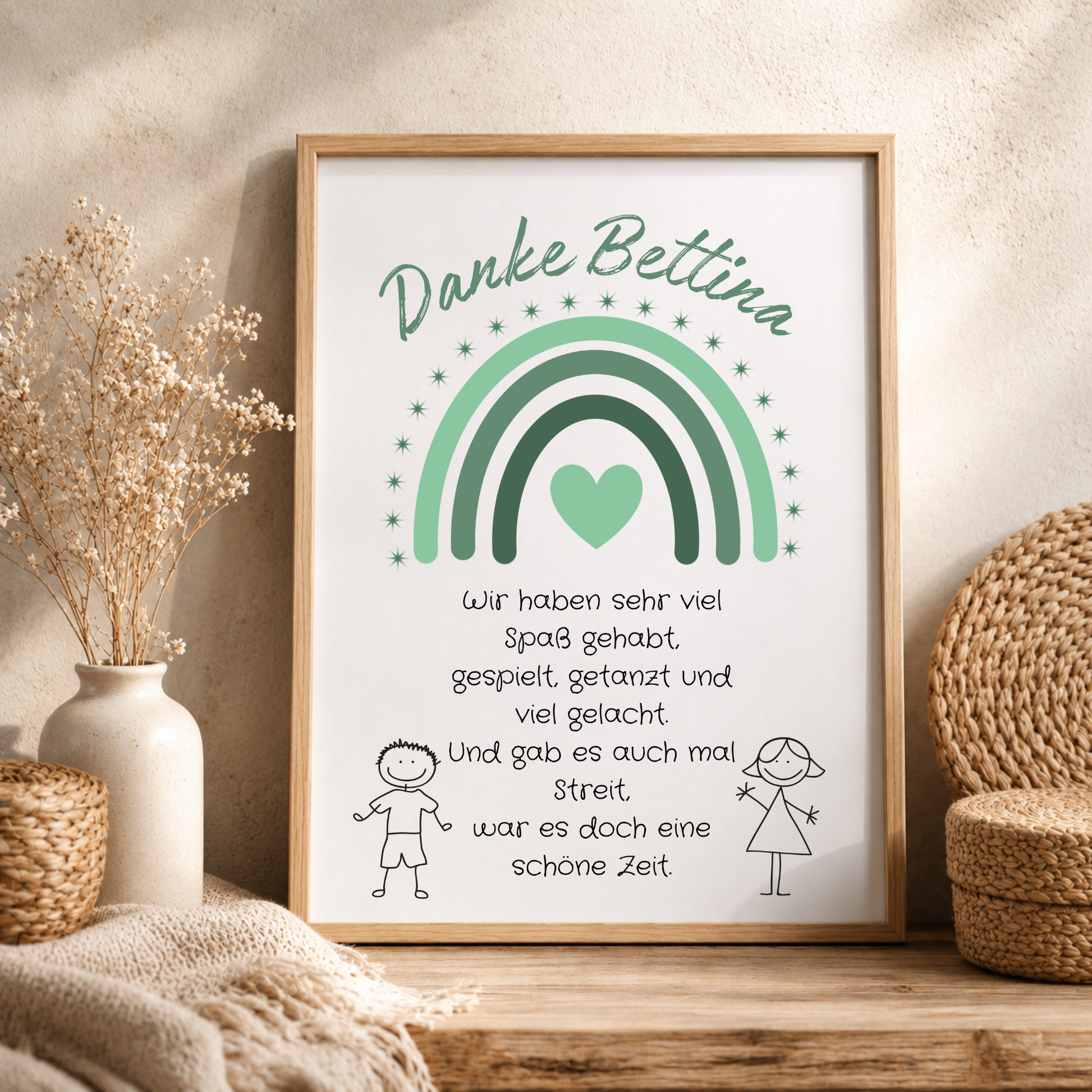Personalisiertes Abschied Erzieherin Poster mit grünem Regenbogen, Herz und Abschiedsspruch im Boho Stil als DIN A4 Printable zum Ausdrucken