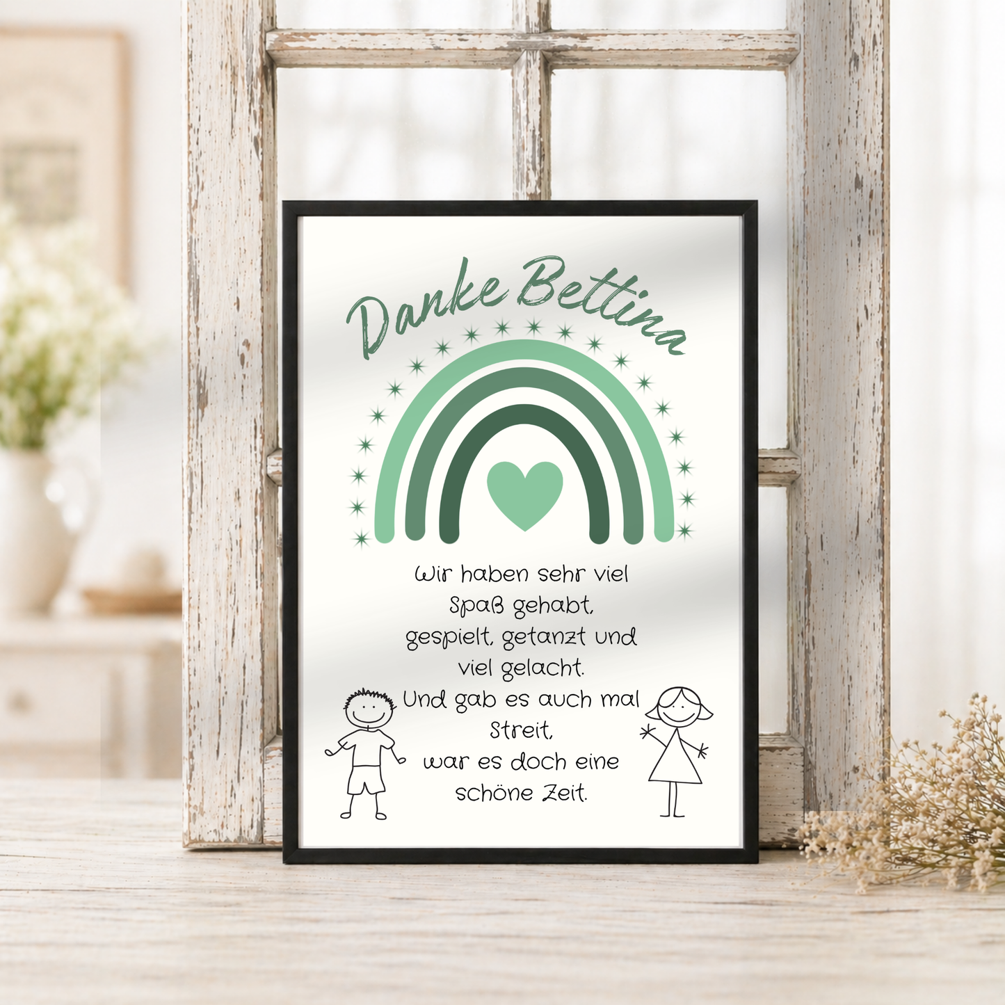 Personalisiertes Abschied Erzieherin Poster mit grünem Regenbogen, Herz und Abschiedsspruch im Boho Stil als DIN A4 Printable zum Ausdrucken