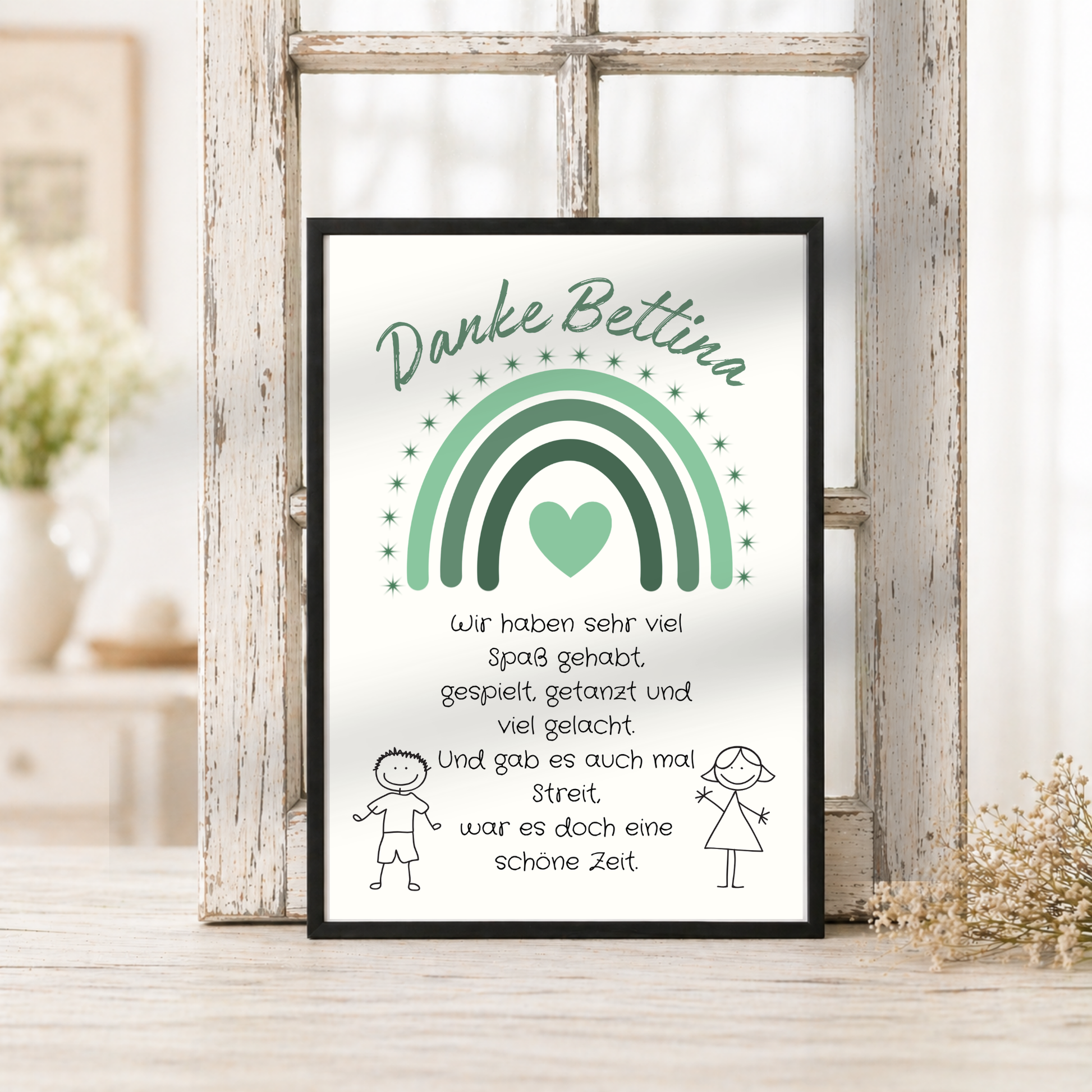 Personalisiertes Abschied Erzieherin Poster mit grünem Regenbogen, Herz und Abschiedsspruch im Boho Stil als DIN A4 Printable zum Ausdrucken